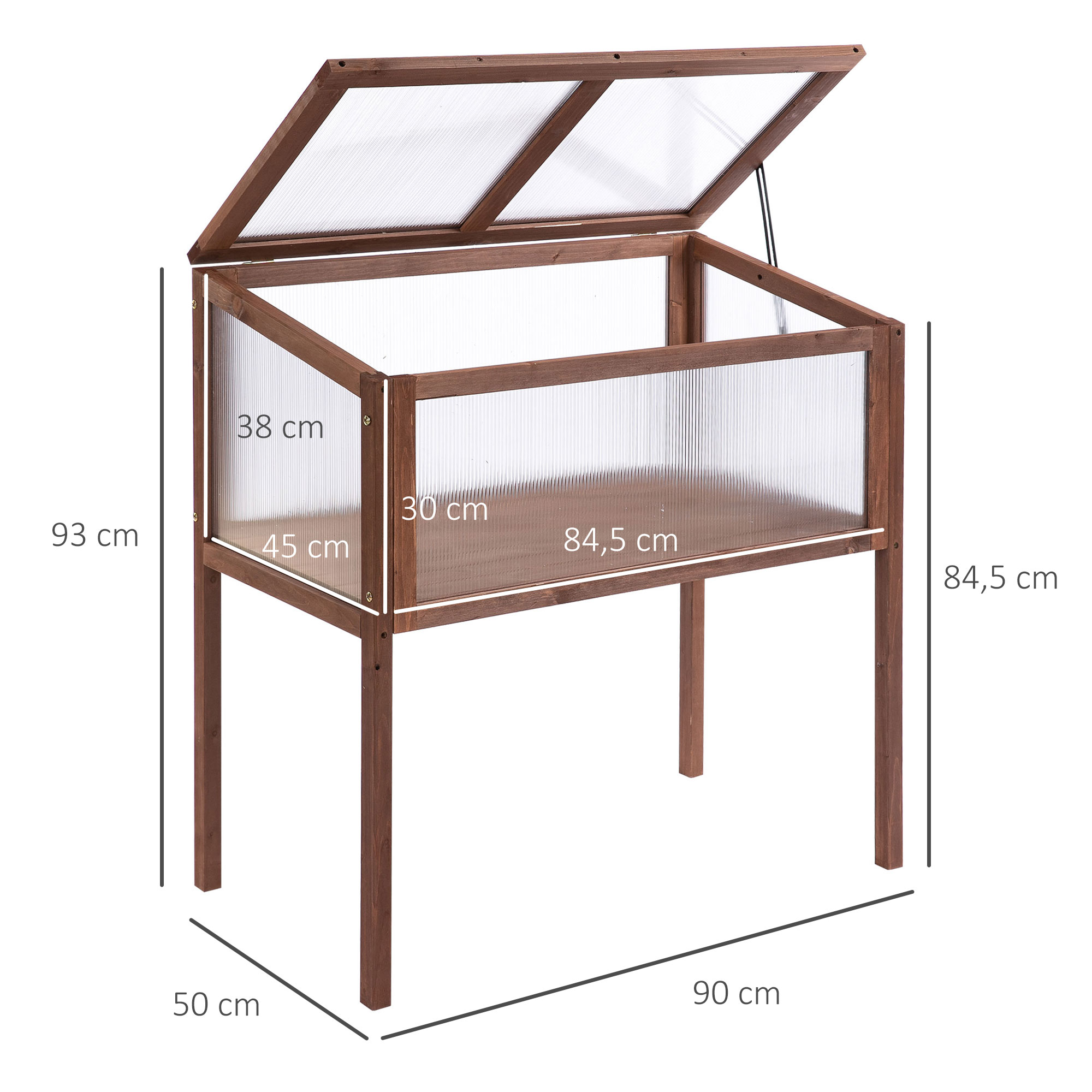 Hochbeet aus Holz Frühbeet 90 x 50 x 93 cm Gewächstisch mit Abdeckung wetterfes Kräuterbeet Pflanzkasten für Garten, Balkon und Terrasse Braun