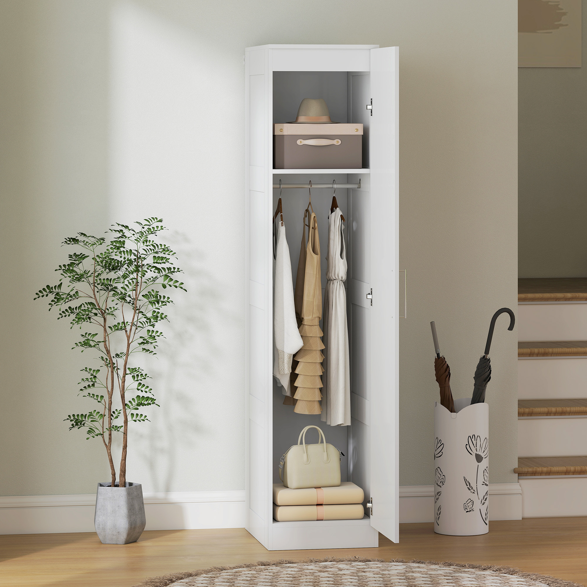 Kleiderschrank Mehrzweckschrank mit Kleiderstange, Regal, Soft-Close-Tür 40 x 52 x 180 cm Weiß