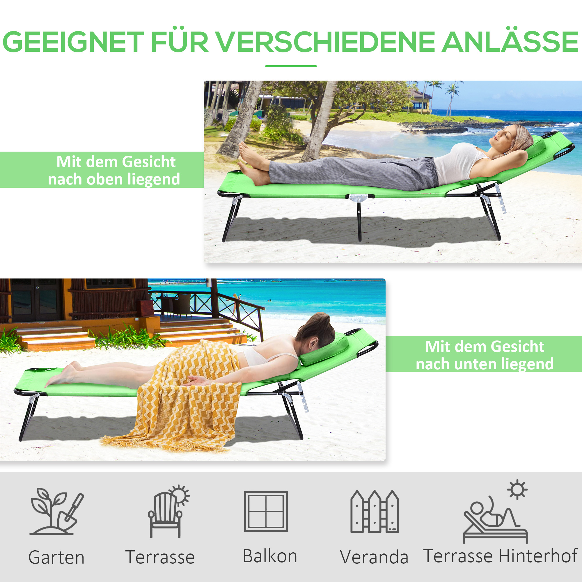 Sonnenliege mit Lesefenster & Kissen, klappbar, wasserabweisender Bezug, Metallrahmen, Grün
