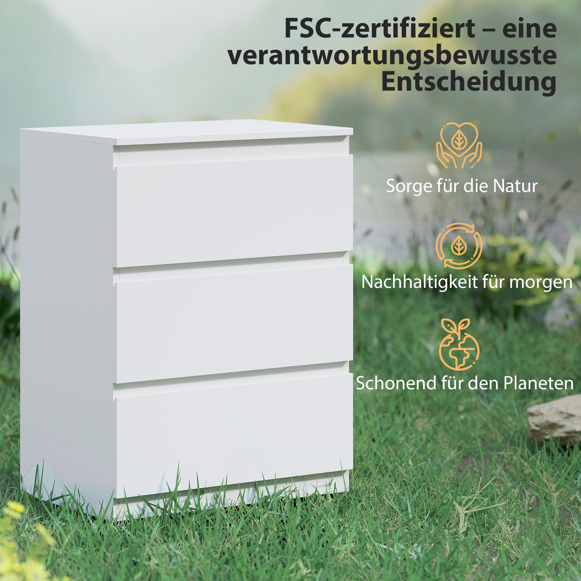 Kommode mit 3 Schubladen, für Wohnzimmer, Schlafzimmer, Flur, Spanplatte, Weiß