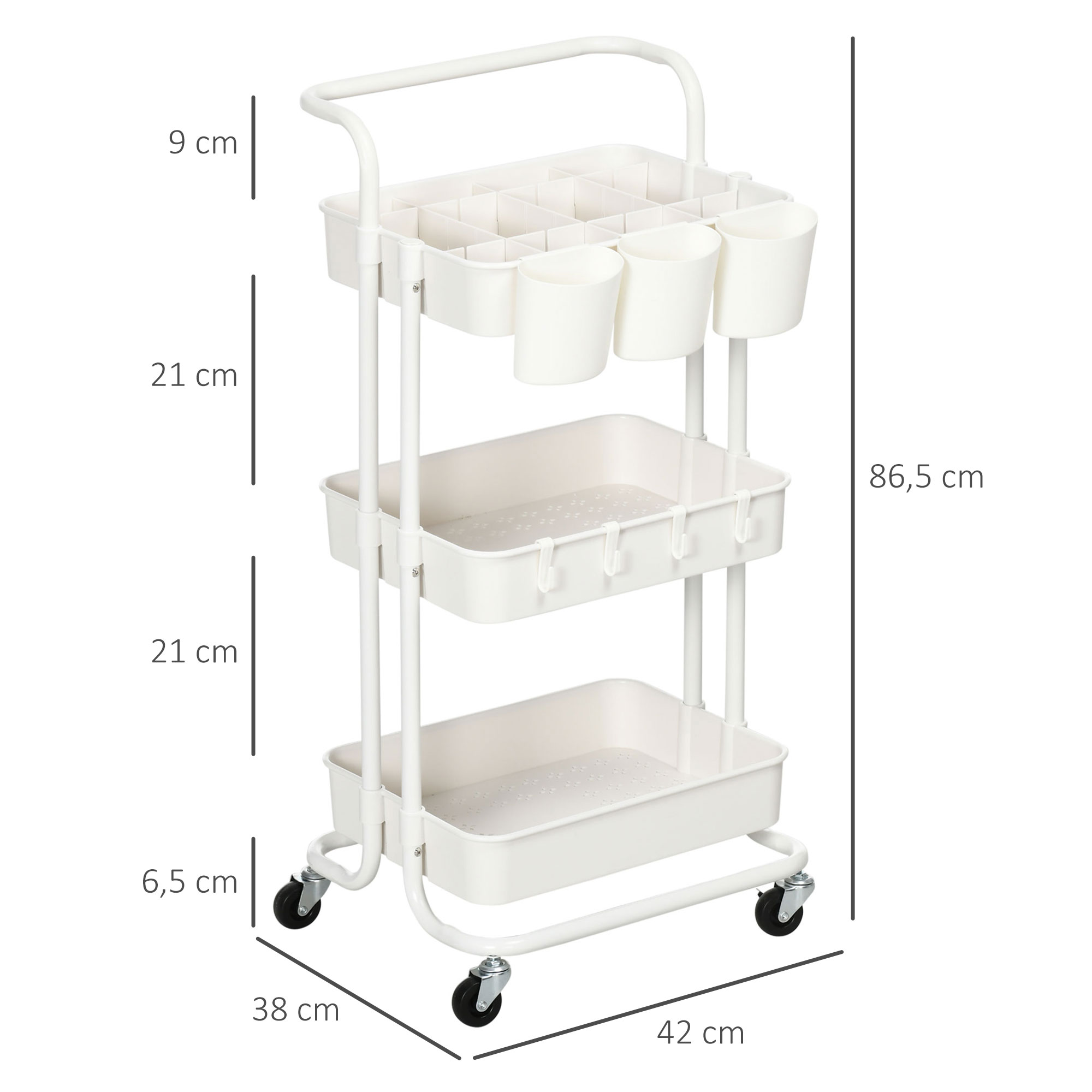 Rollwagen, Servierwagen, 3 Ablagekörbe, 3 Hängeboxen, 4 Haken, Metallrahmen, 42 x 38 x 86,5cm, Weiß
