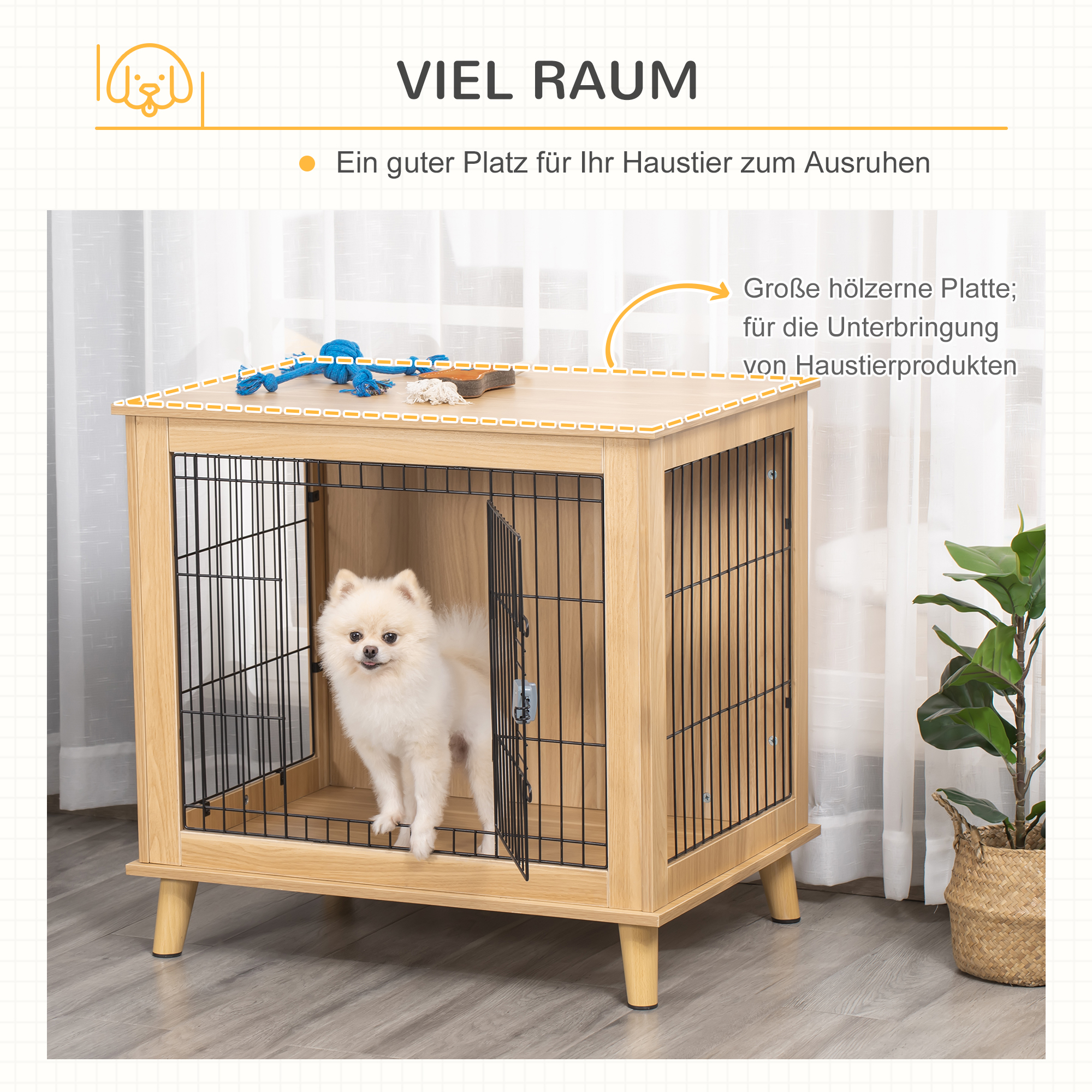 Transportbox aus Holz, Hundebox 81 cm x 58,5 cm x 76 cm Eiche Stahl Braun + Schwarz