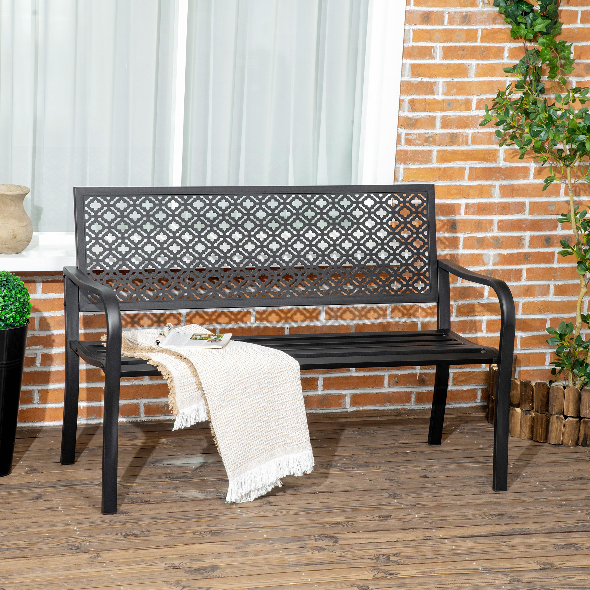 Gartenbank aus Metall, 2-Sitzer, Blumenmuster, wetterbeständig, 127 x 63 x 83cm, Schwarz