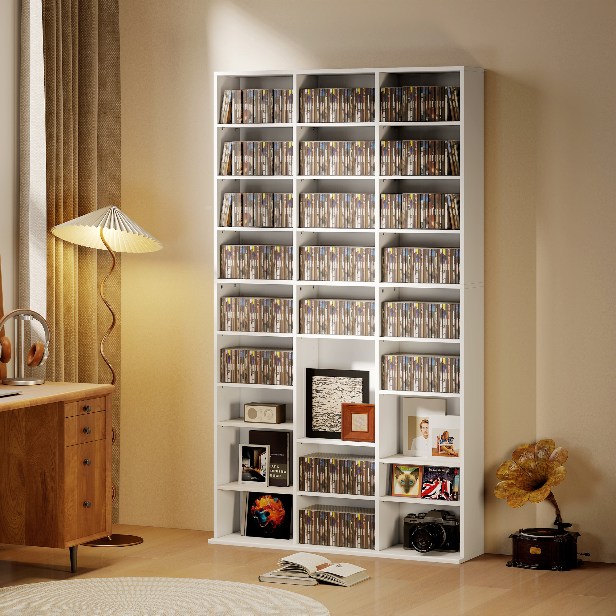 Regal für 835 CDs oder 500 DVDs, Blu-ray Medienregal mit 27 Fächern und 21 verstellbaren Einlegeböden, Weiß