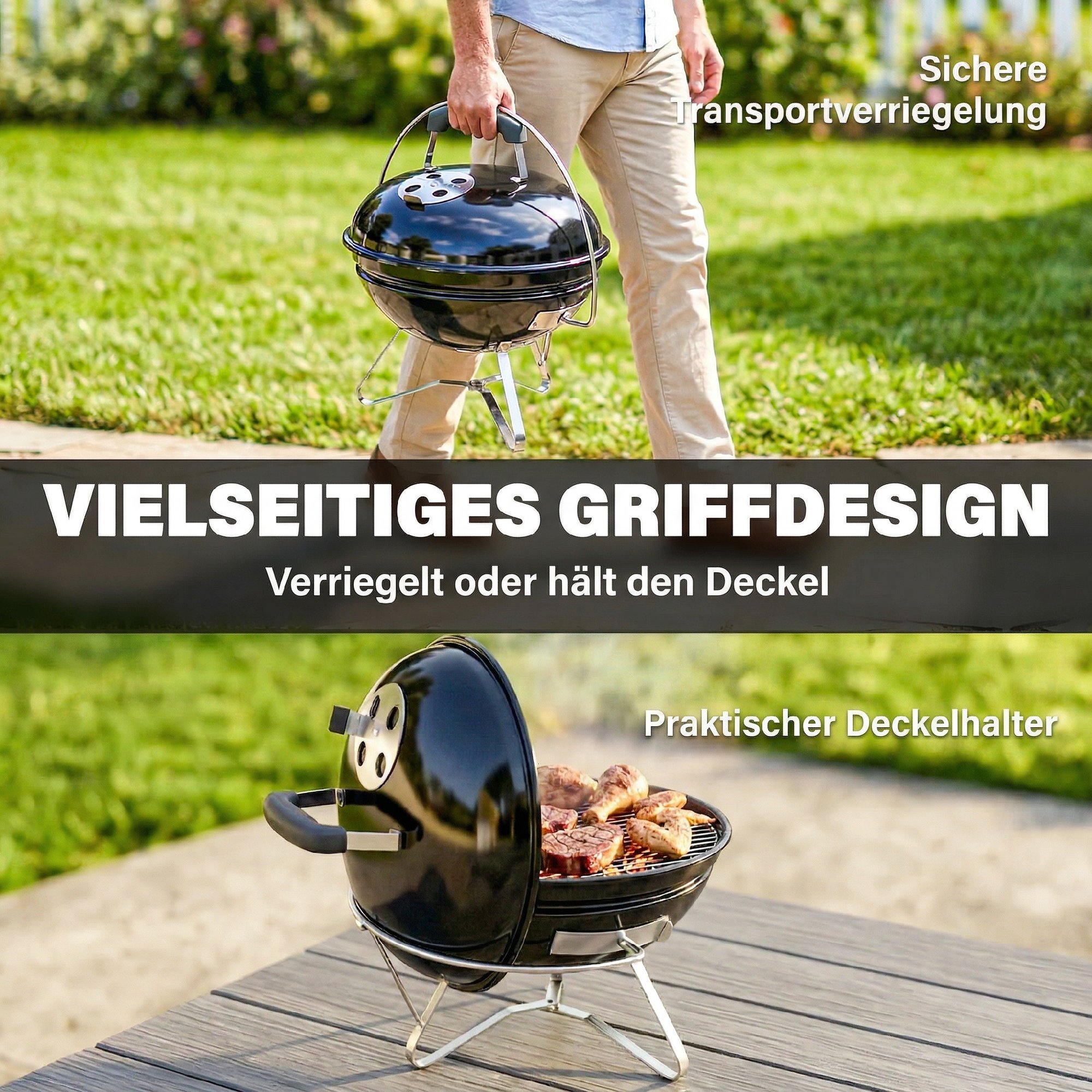 Holzkohlegrill, tragbarer Kugelgrill mit Deckel, Griff verstellbaren Lüftungsschlitzen für Barbeque 41x41x44 cm Schwarz