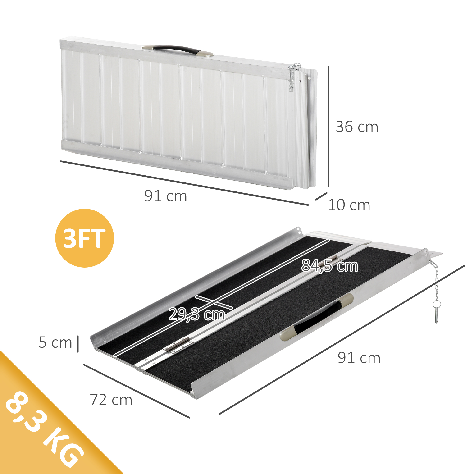 Rollstuhlrampe Auffahrrampe Rollstühle Rollatoren faltbar Aluminium, 270 kg Belastbar, Schwarz, 91 x 72 x 5 cm