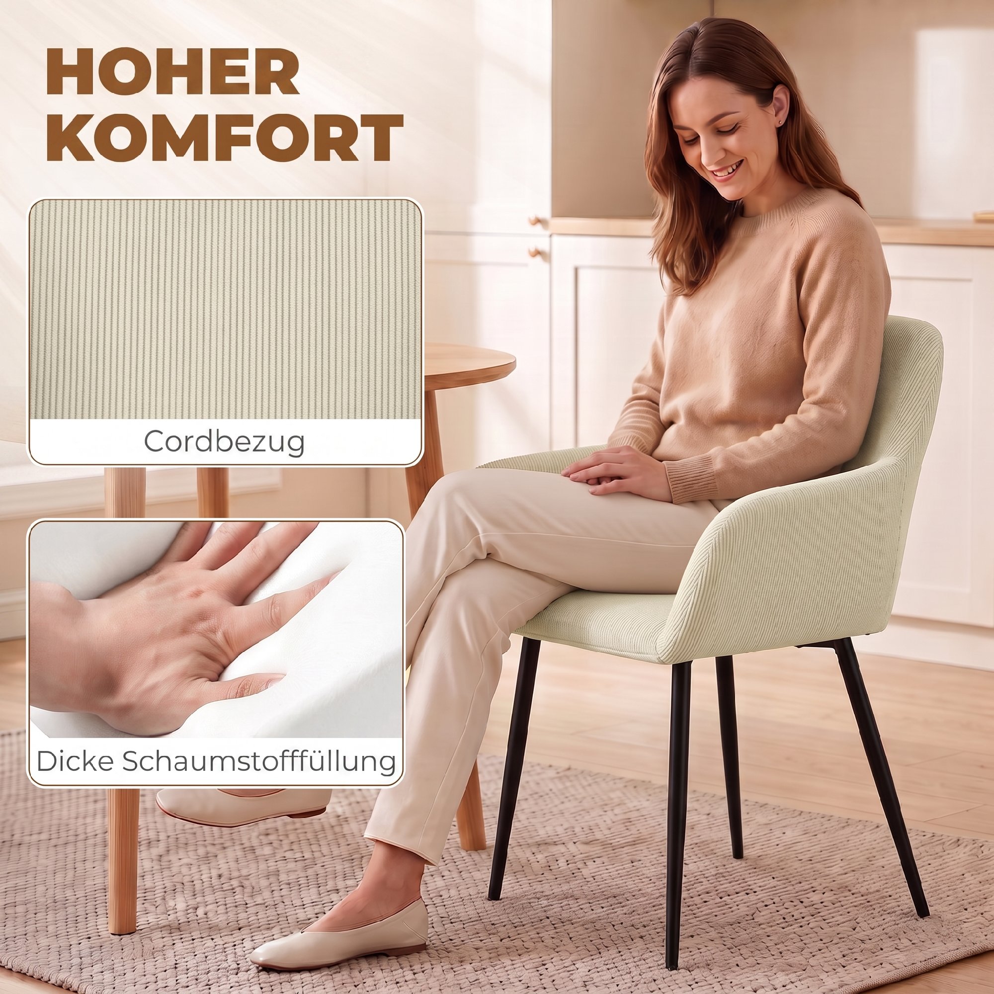 Esszimmerstühle 2er-Set, gepolsterte Küchenstühle mit Metallbeinen, cremeweiß