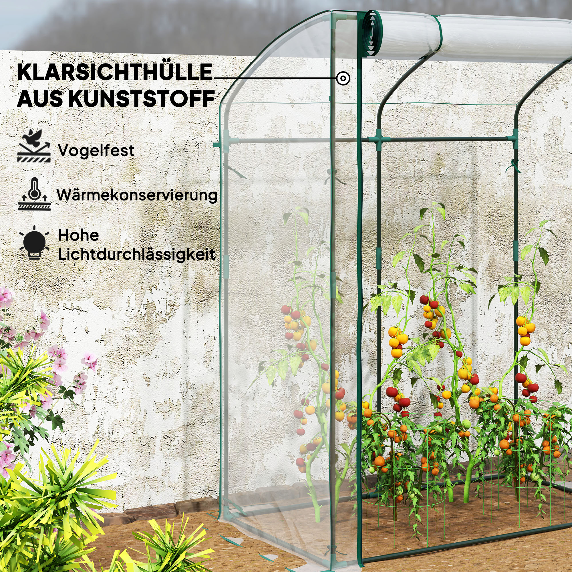 Gewächshaus mit Tür Gebogendach winterfest Foliengewächshaus aus Stahl, Treibhaus 128 x 70 x 170 cm Transparent