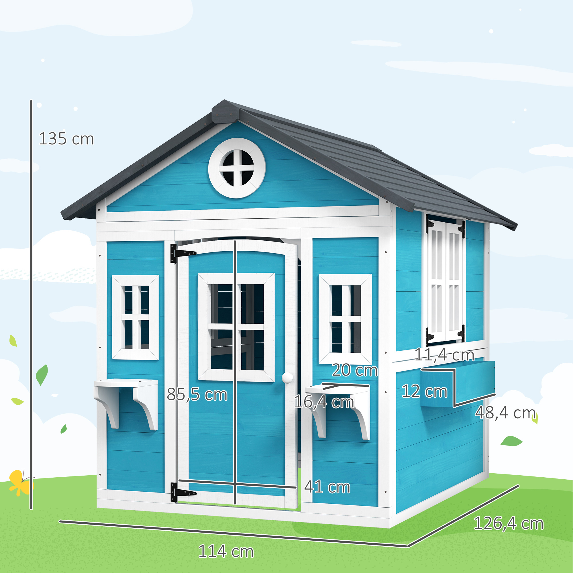 Kinderspielhaus, Holz-Spielhaus für Kinder, Outdoor-Gartenspielhaus mit Fenstern, Blumentöpfe, 3-8 Jahre, Blau