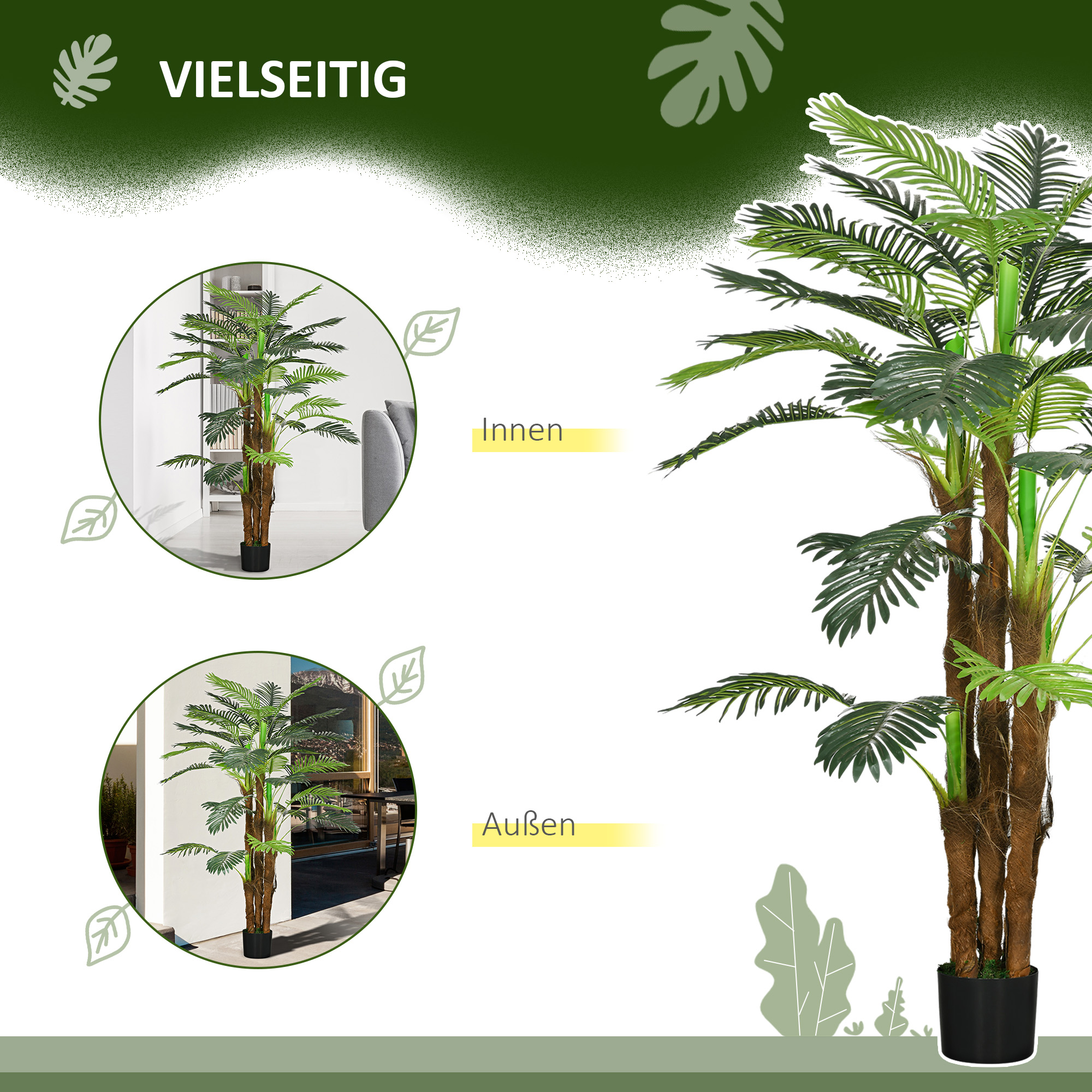 Künstliche Palme, 1,6 m, realistische Zweige, Dekorationspflanze, Kunststoff, mit Topf, Braun+Grün