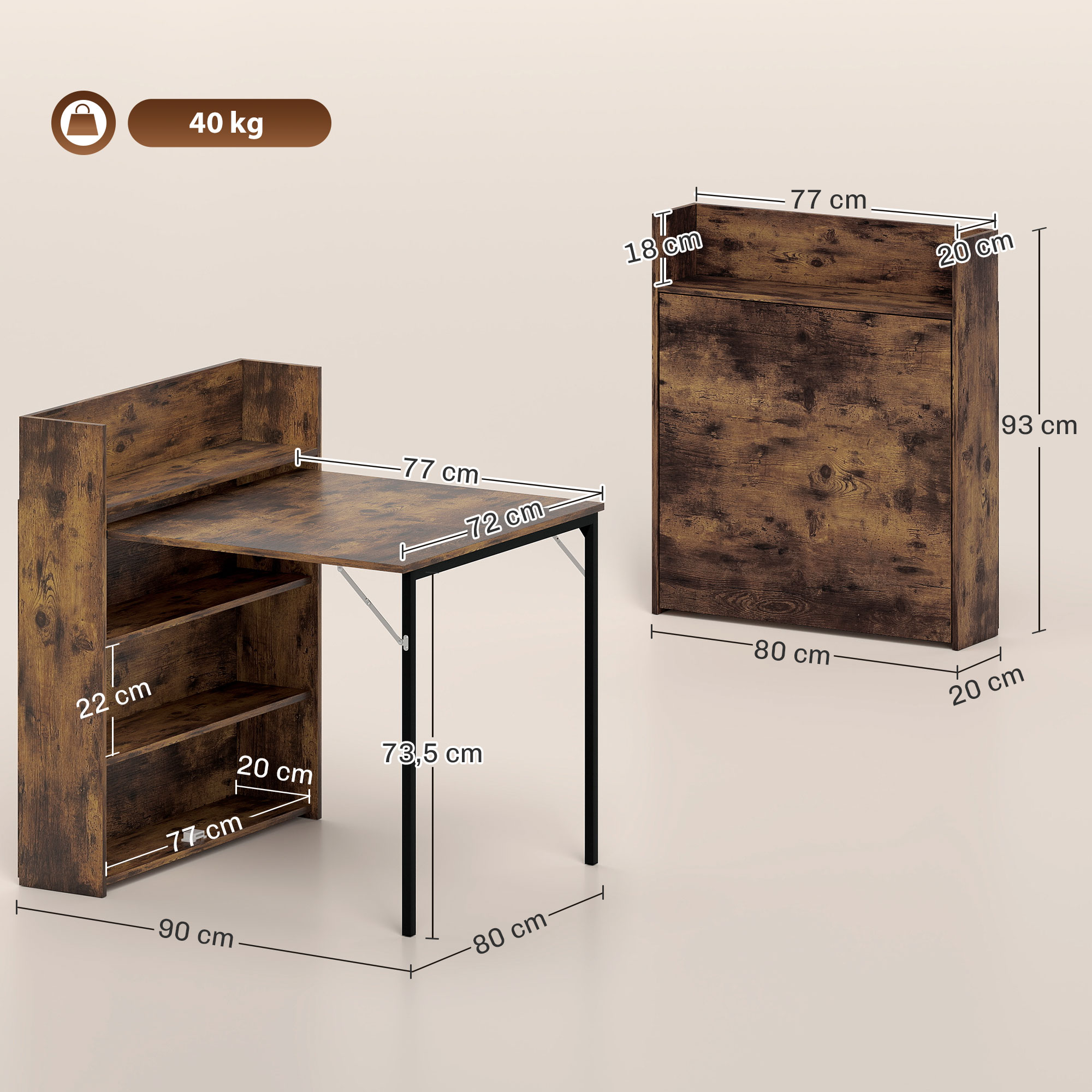 Esstisch, klappbar mit Regal, Industrie-Design, Platzsparend, Für Kleine Räume, 80x90x93cm, Rustikal-Braun