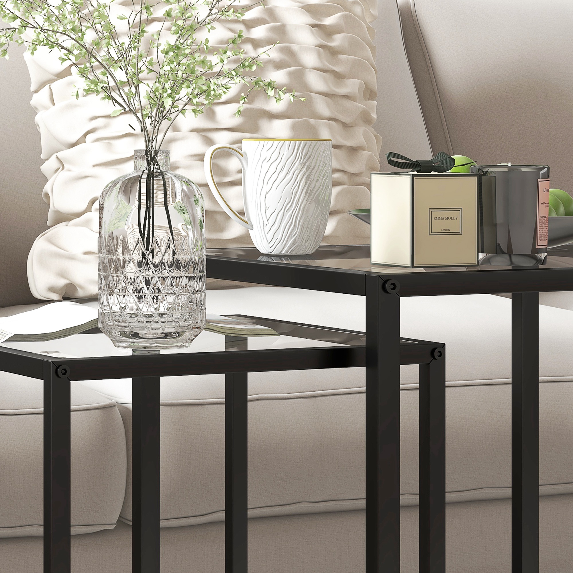2er Set Beistelltisch stapelbarer Nachttisch Couchtisch mit Beinen aus Stahl, modern für Wohnzimmer Schwarz