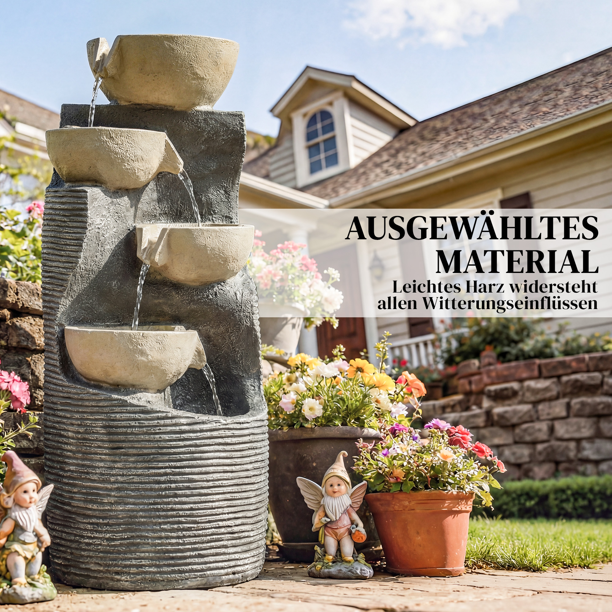 Springbrunnen 5-stufig Gartenbrunnen mit LED Beleuchtung Pumpe Steinoptik, Verstellbar 33 x 31 x 80 cm