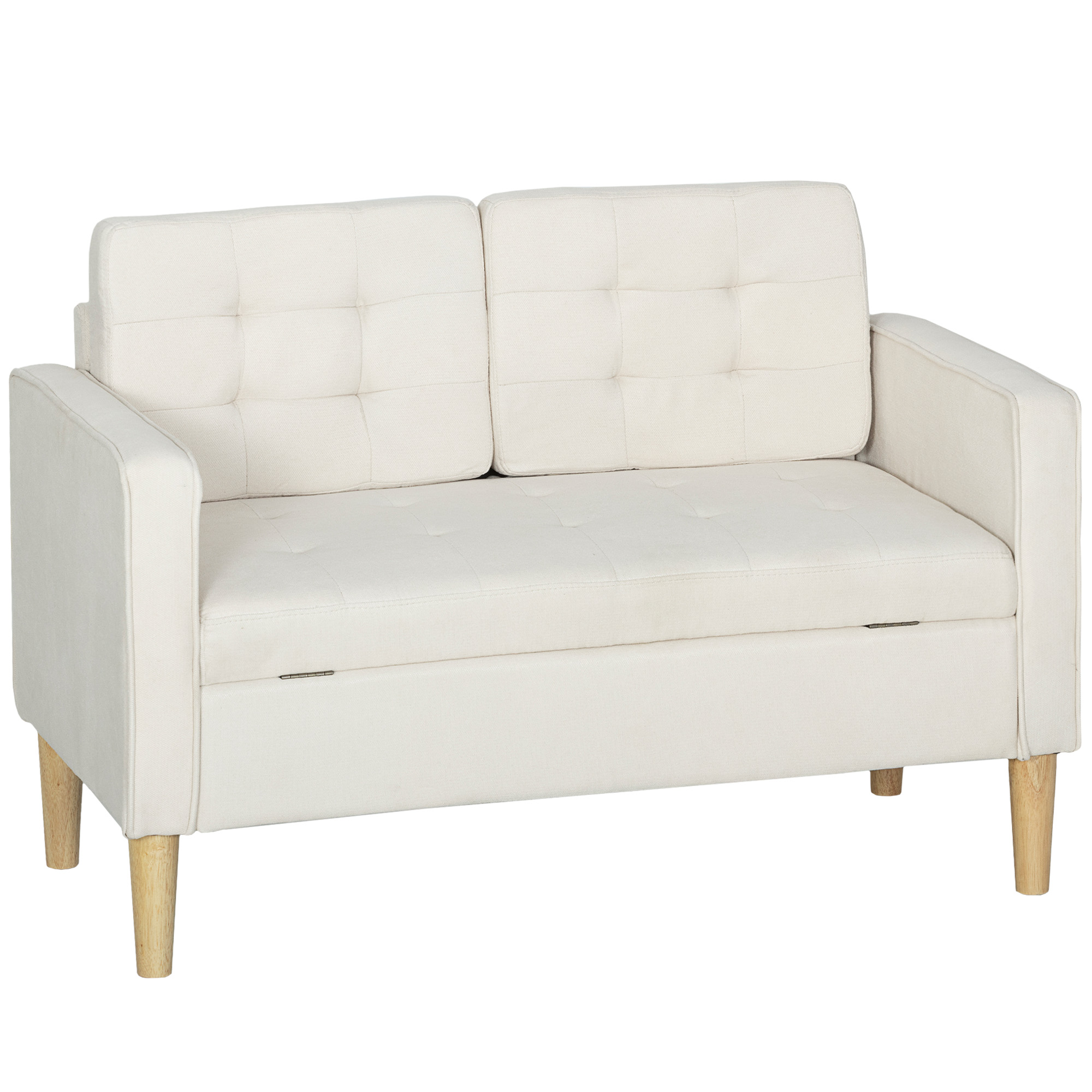 Zweisitzer-Sofa mit Stauraum, Knopfheftung, Kissen, Kautschukbaumholz, 117x62x78cm, Cremeweiß Zweisitzer-Sofa mit Stauraum, Knopfheftung, Kissen, Kautschukbaumholz, 117x62x78cm, Cremeweiß
