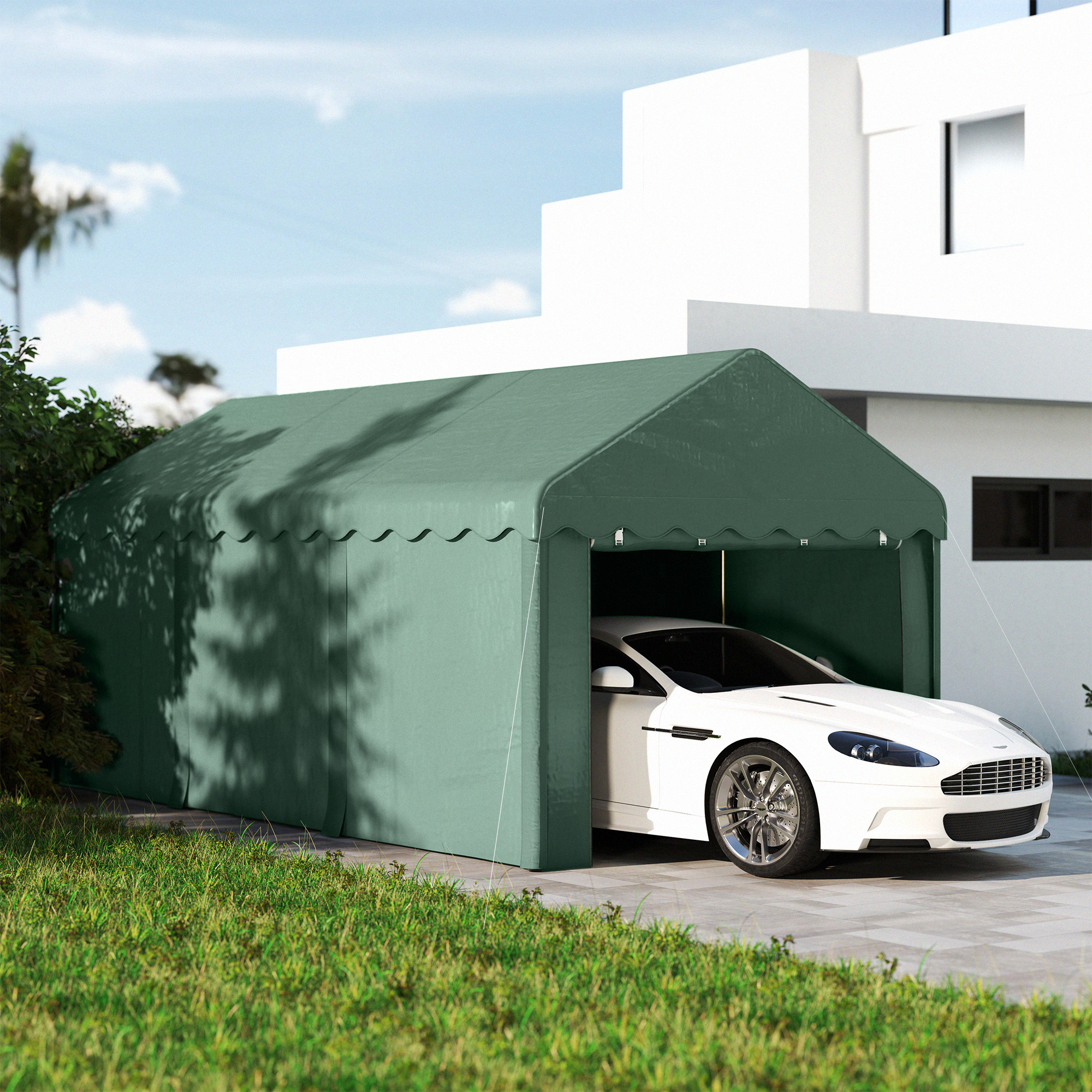 3x6 m Tragbarer Carport, Fahrzeugunterstand mit 2 Eingängen, Polyesterdach, für Autos, Boote, Gartengeräte, Dunkelgrün