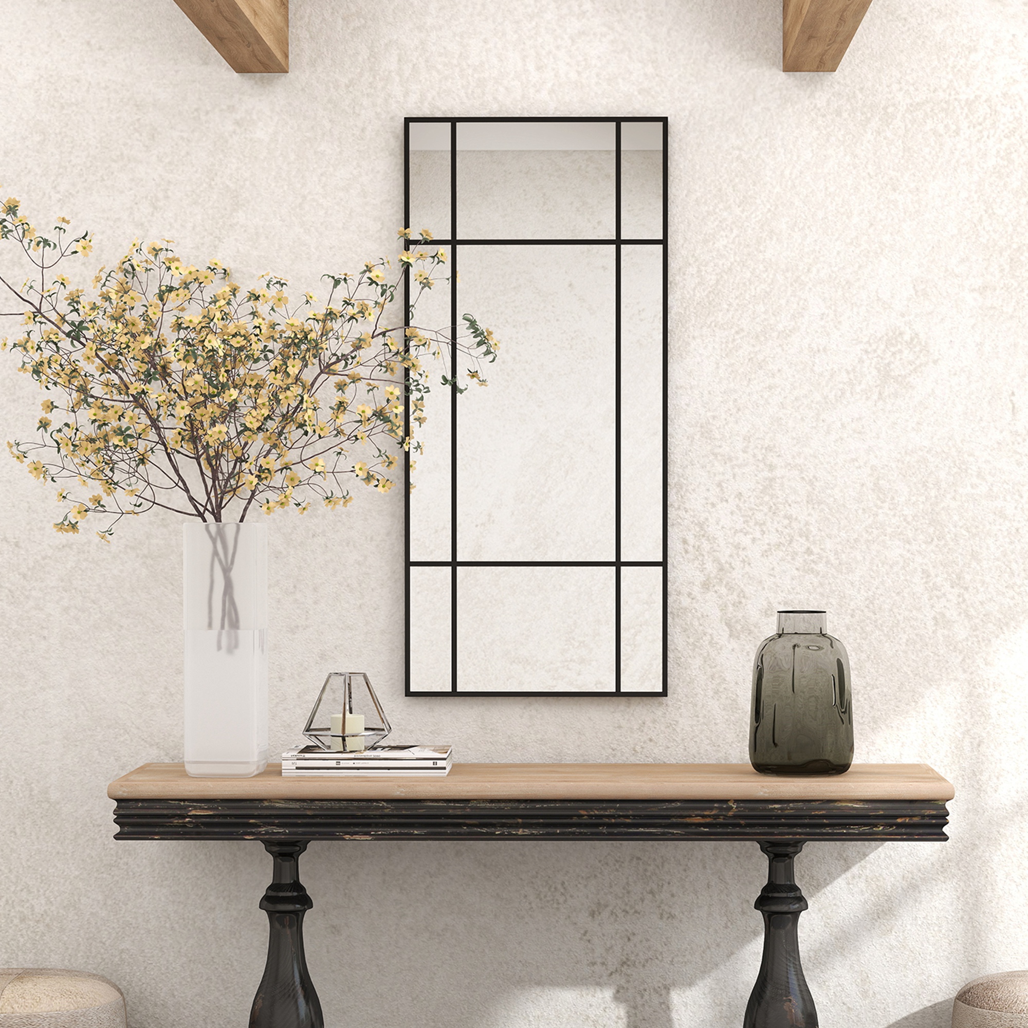 Wandspiegel, dekorativer Spiegel mit Metallrahmen, schwarze Streifen, Mehrschichtglas, 50B x 2T x 110H cm