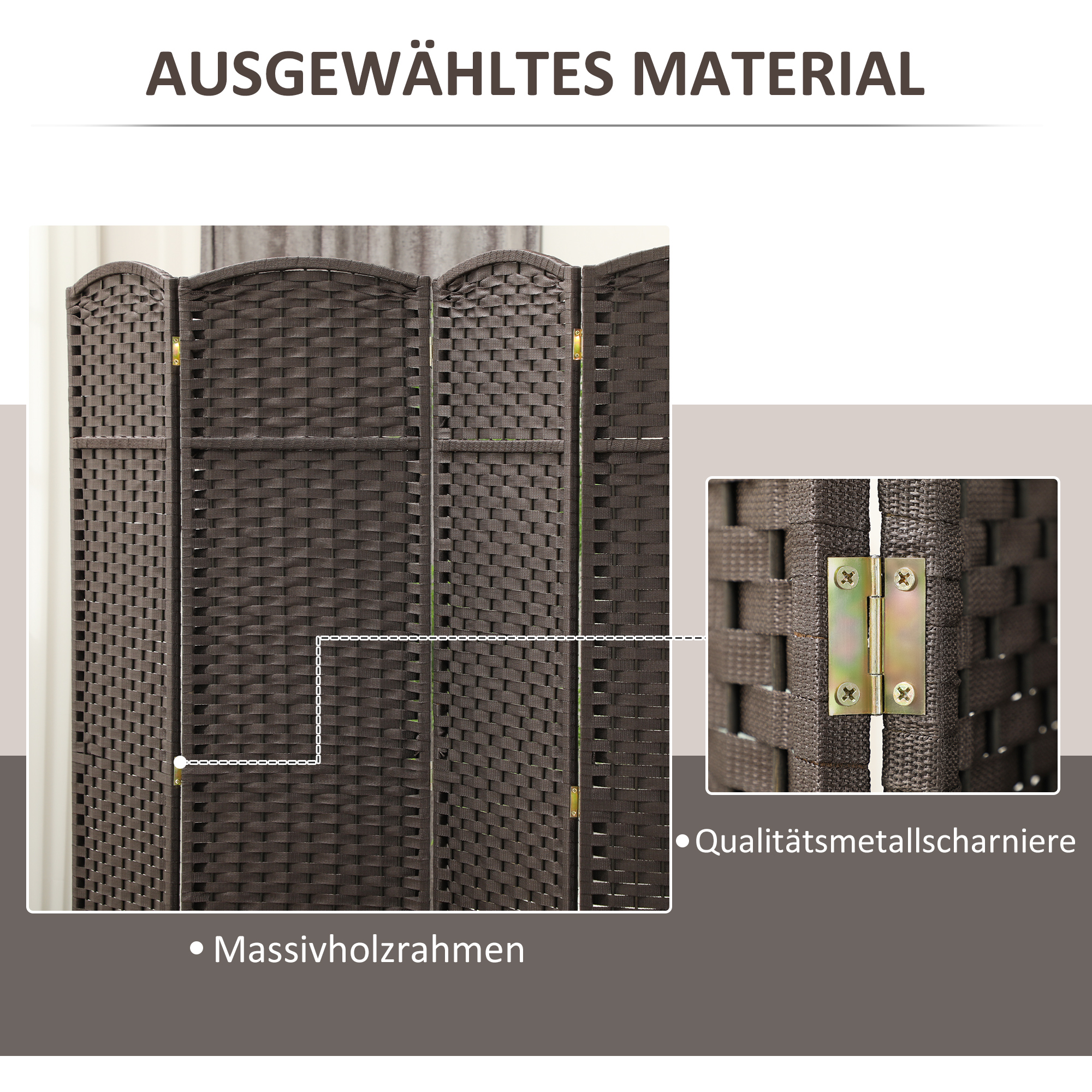 4-teiliger Raumtrenner, Faltbarer Sichtschutz, Sichtschutzwand für Wohnzimmer, Schlafzimmer, Homeoffice, Braun