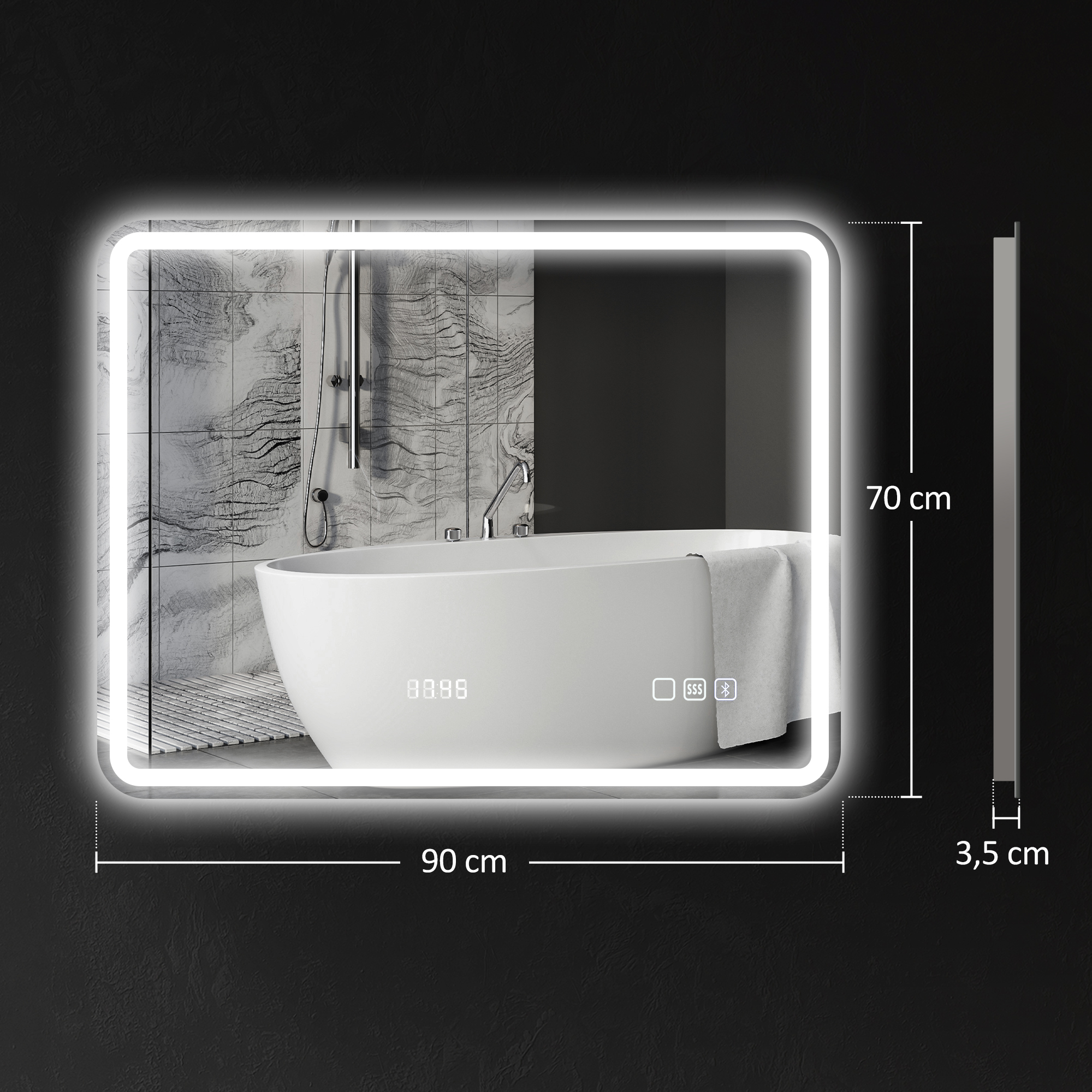 Badezimmerspiegel mit LED-Beleuchtung, Anti-Beschlags-Pad, 3 verstellbare Farben, Uhr, 700 x 900 mm, Silberfarben