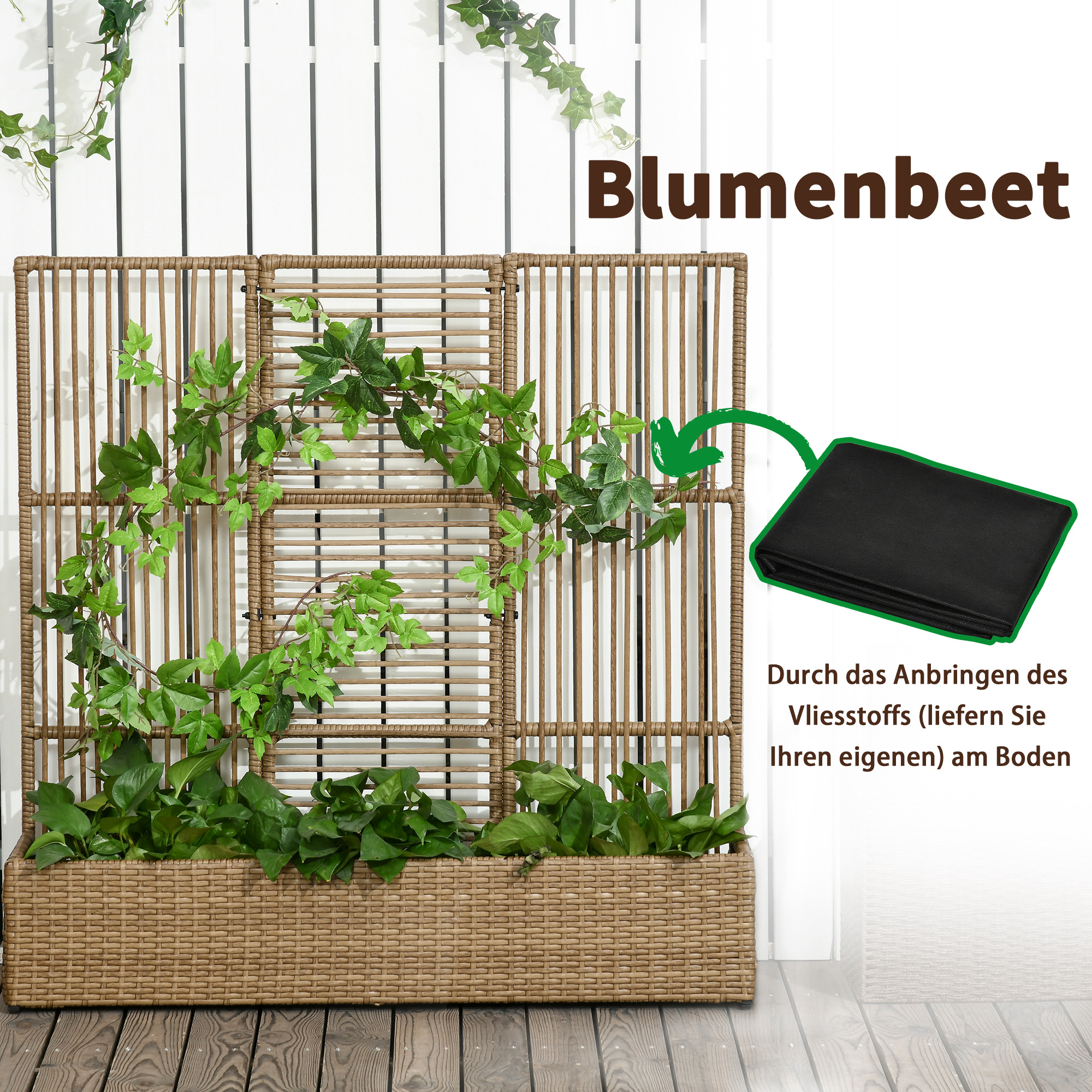 Blumenkasten mit Spalier, wetterfest, Polyrattan, 103 x 103 x 29 cm, Sandfarbe