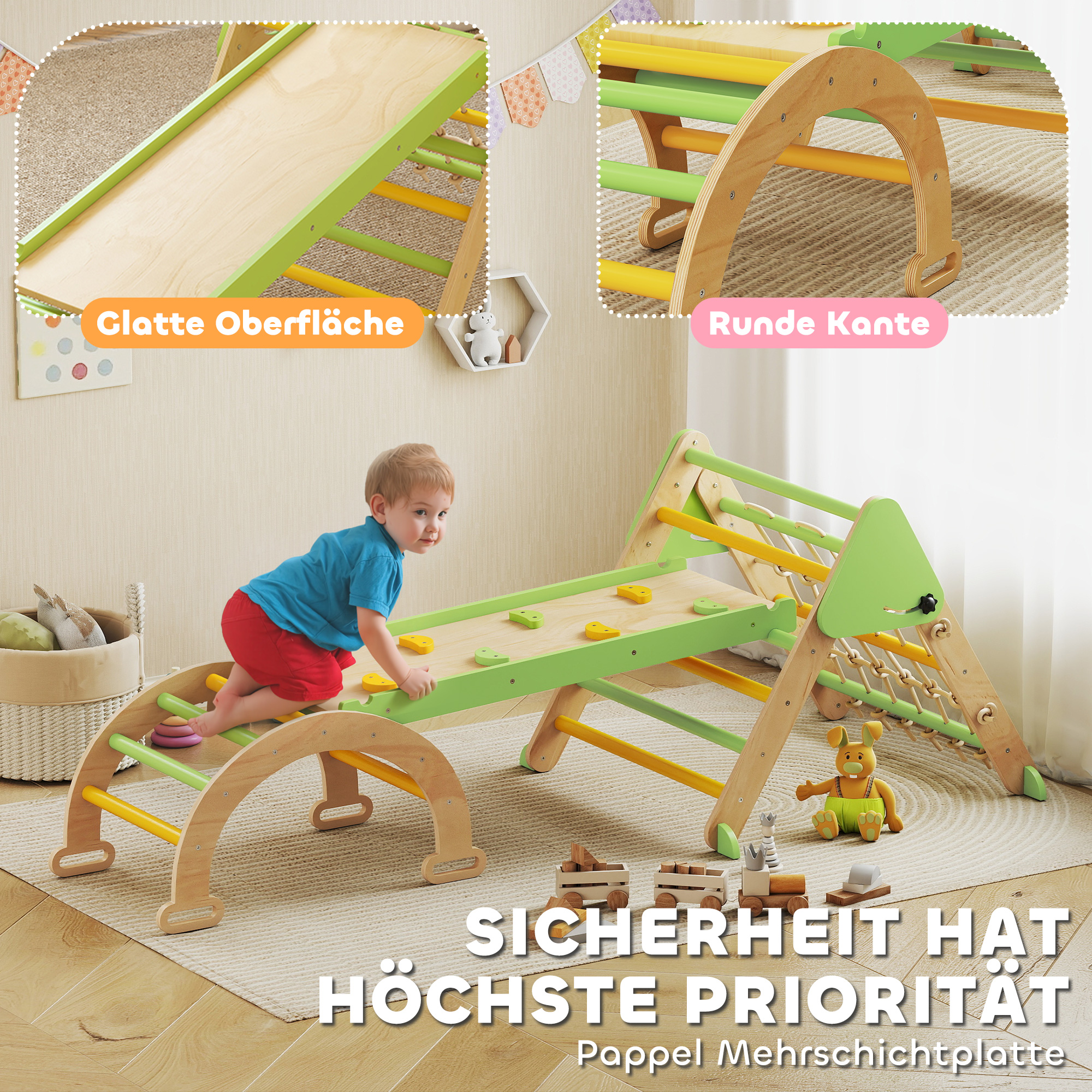 8-in-1 Montessori Klettergerüst Indoor Holz Kletterdreieck mit Kletterbogen, doppelseitiger Rutsche, Grün