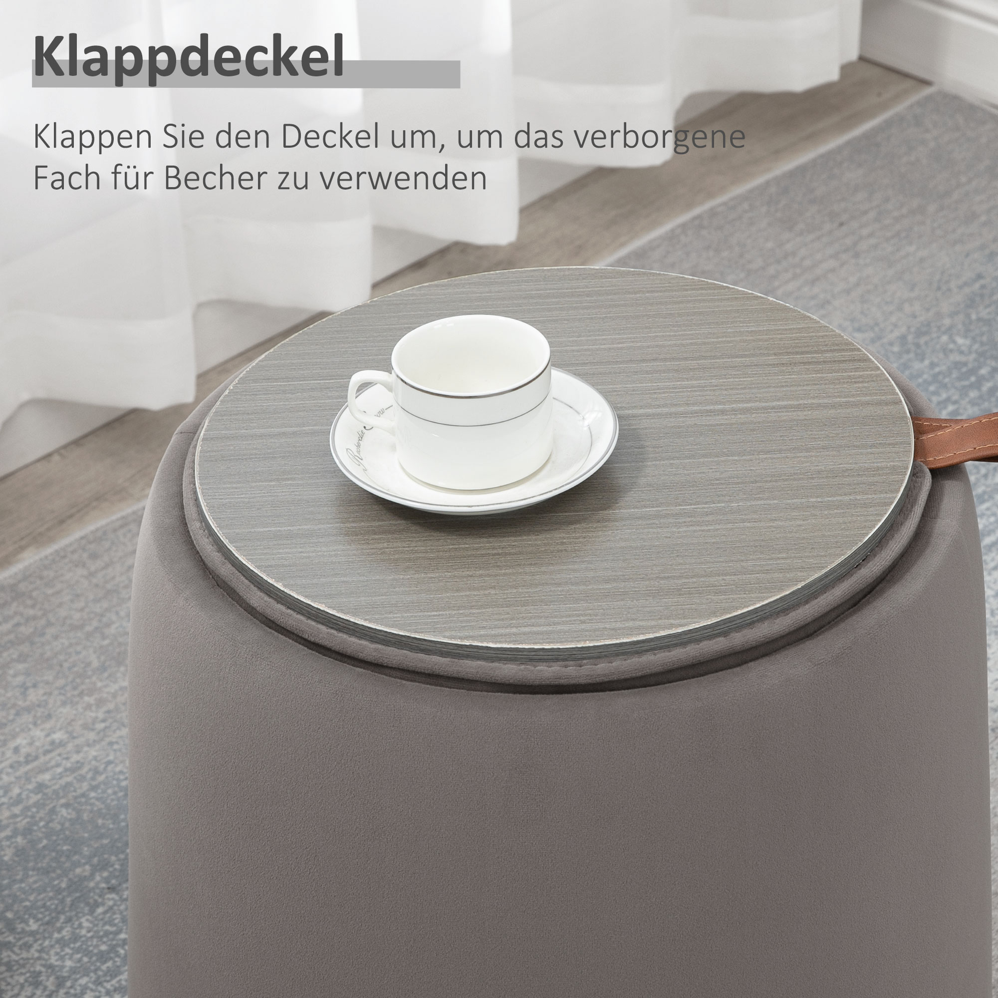 2-in-1 Hocker in Samtoptik inklusive Stauraum und abnehmbaren Deckel Φ44 cm x 47,5 cm Grau