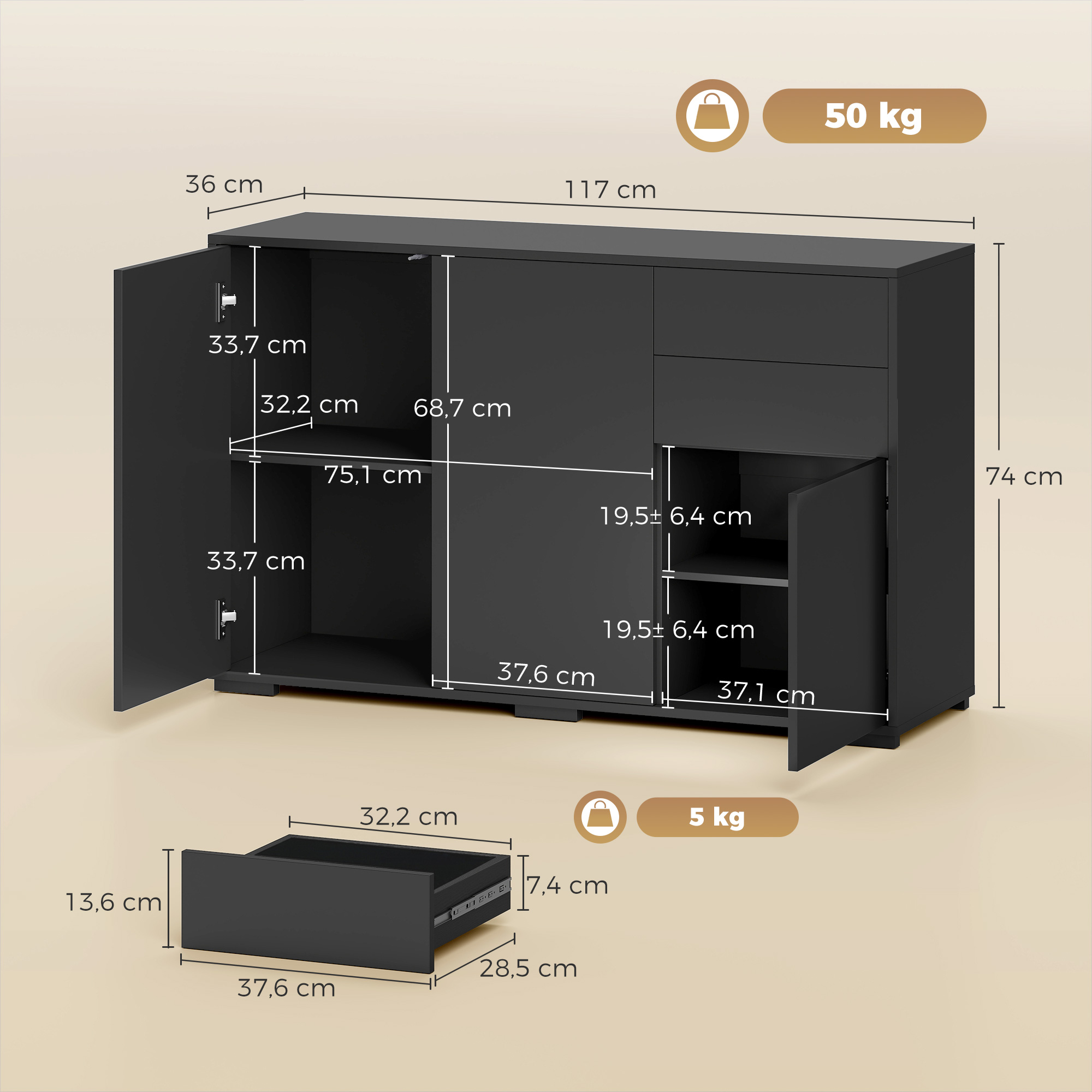 Sideboard Kommode Anrichte, 2 Schubladen, Push-Click, 117 cm x 36 cm x 74 cm, Schwarz