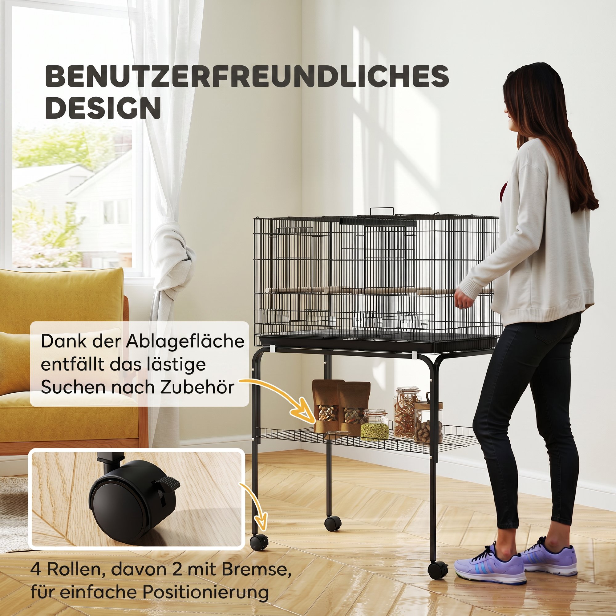 Vogelkäfig, Vogelvoliere mit Rollen, 2 Türen, 4 Sitzstangen, Ablagefach, Metall Vogelhaus 76x46x116cm, Schwarz