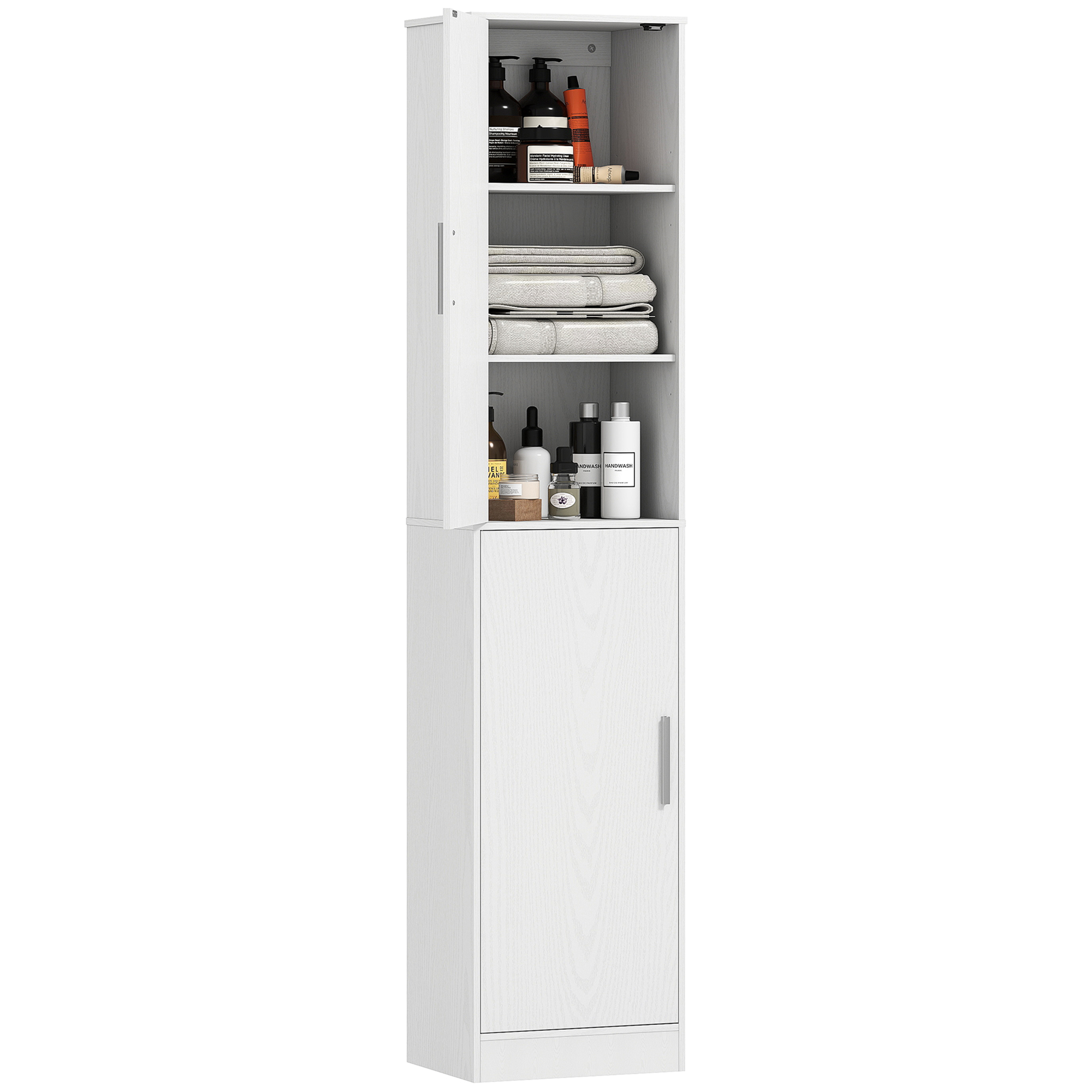 180 cm hoher Badezimmerschrank, schmaler Badschrank mit 2 Türen, 4 verstellbare Regale, Spanplatte, MDF, Weiß