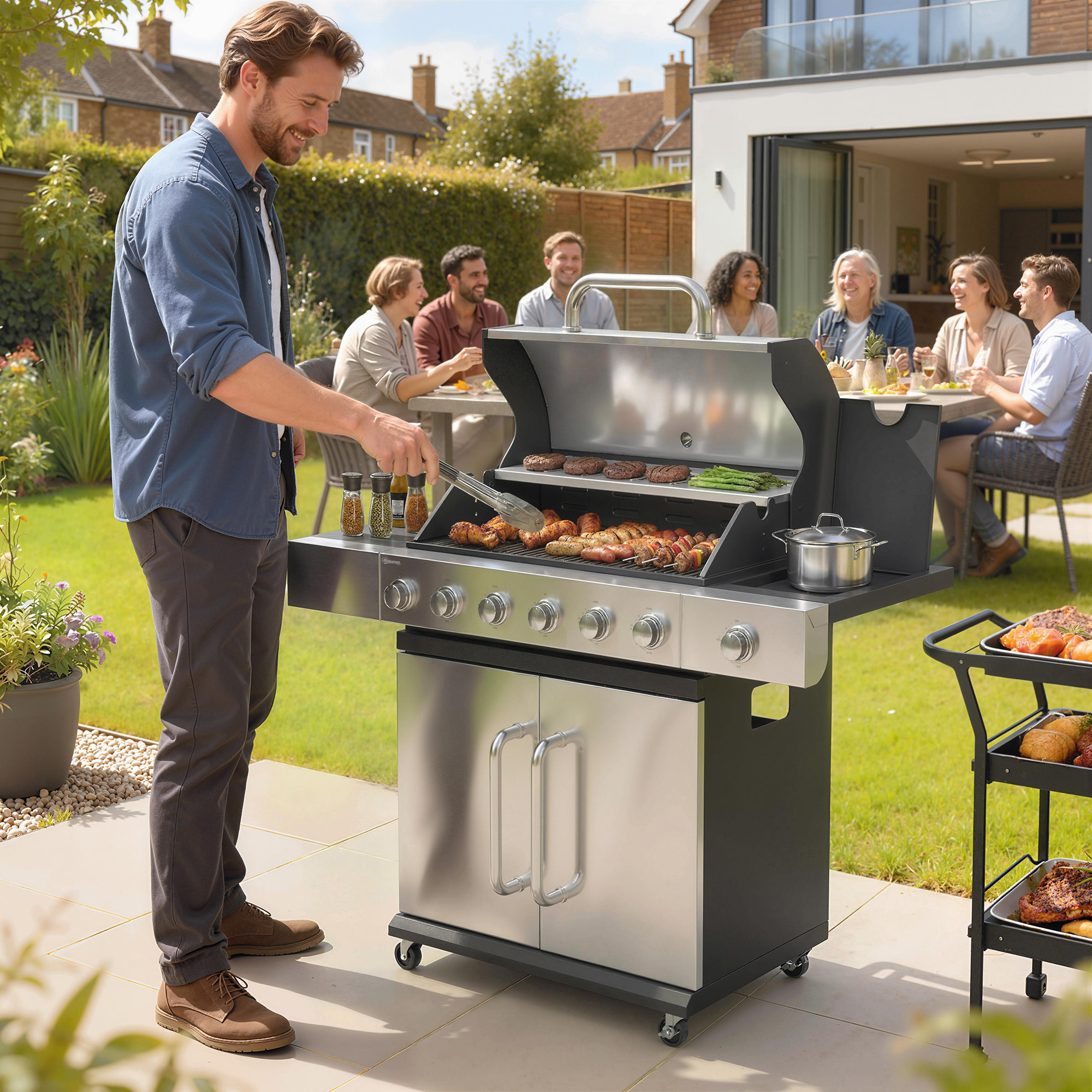 Gasgrill 18,6 KW 6+1 Brenner BBQ Grillwagen aus Edelstahl inkl Rolle Thermometer Warmhalterost Seitentisch Unterschrank