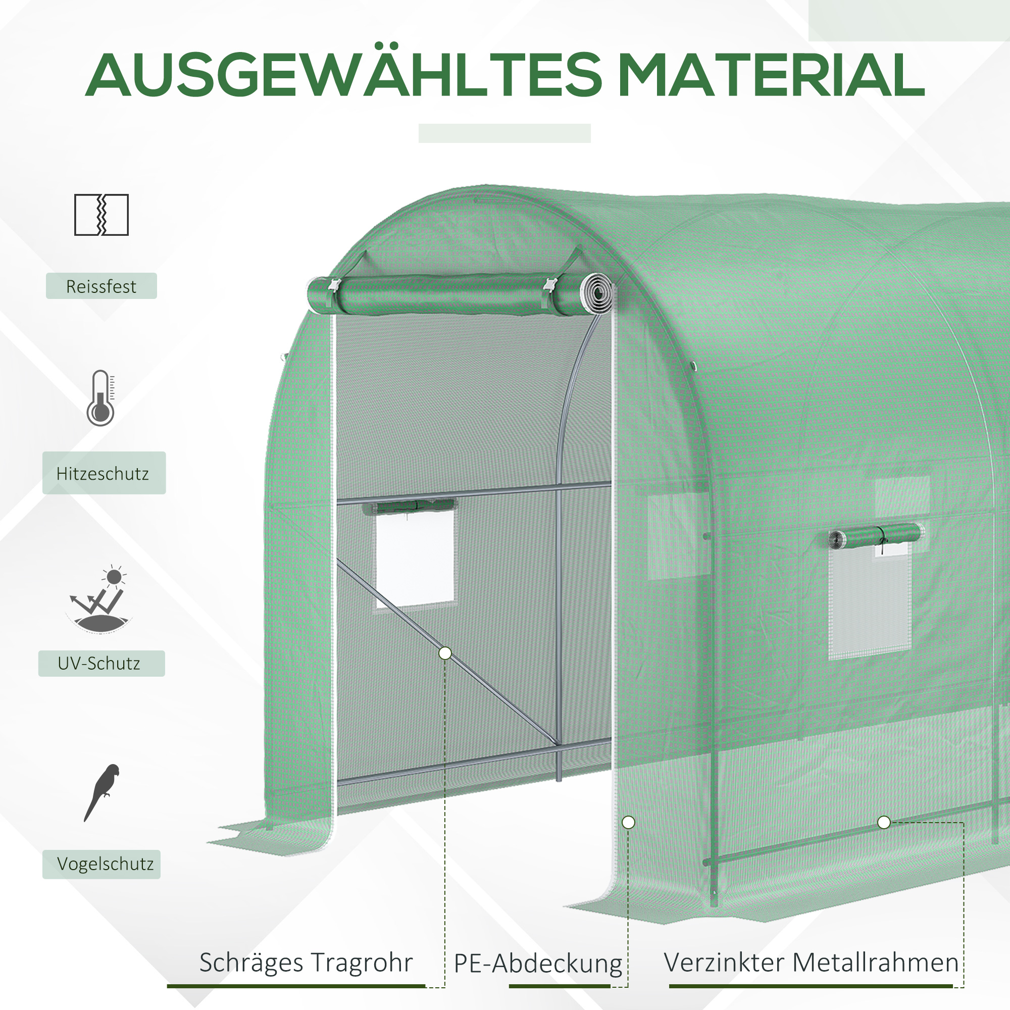 Gewächshaus 500x200x205cm Foliengewächshaus Tomatenhaus mit Tür, 8 Fenster, Folientunnel aus verzinktem Stahl, PE, stabiles Treibhaus Pflanztunnel, inkl. Erdanker & Seilen, Grün