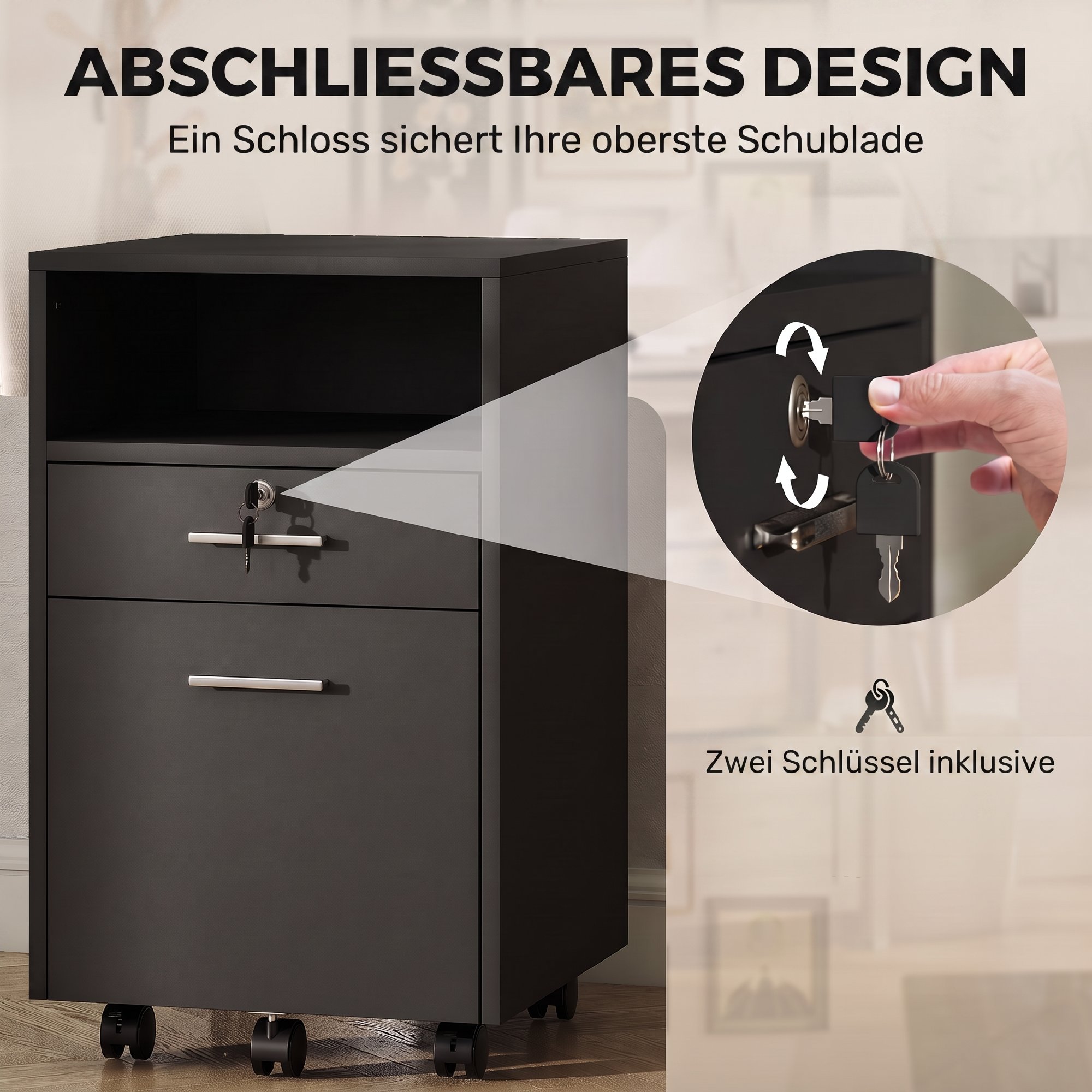 Büroschrank Rollcontainer, 2 Schubladen, eine Schublade abschließbar, 5 Rollen, Schwarz, 40 x 40 x 65 cm
