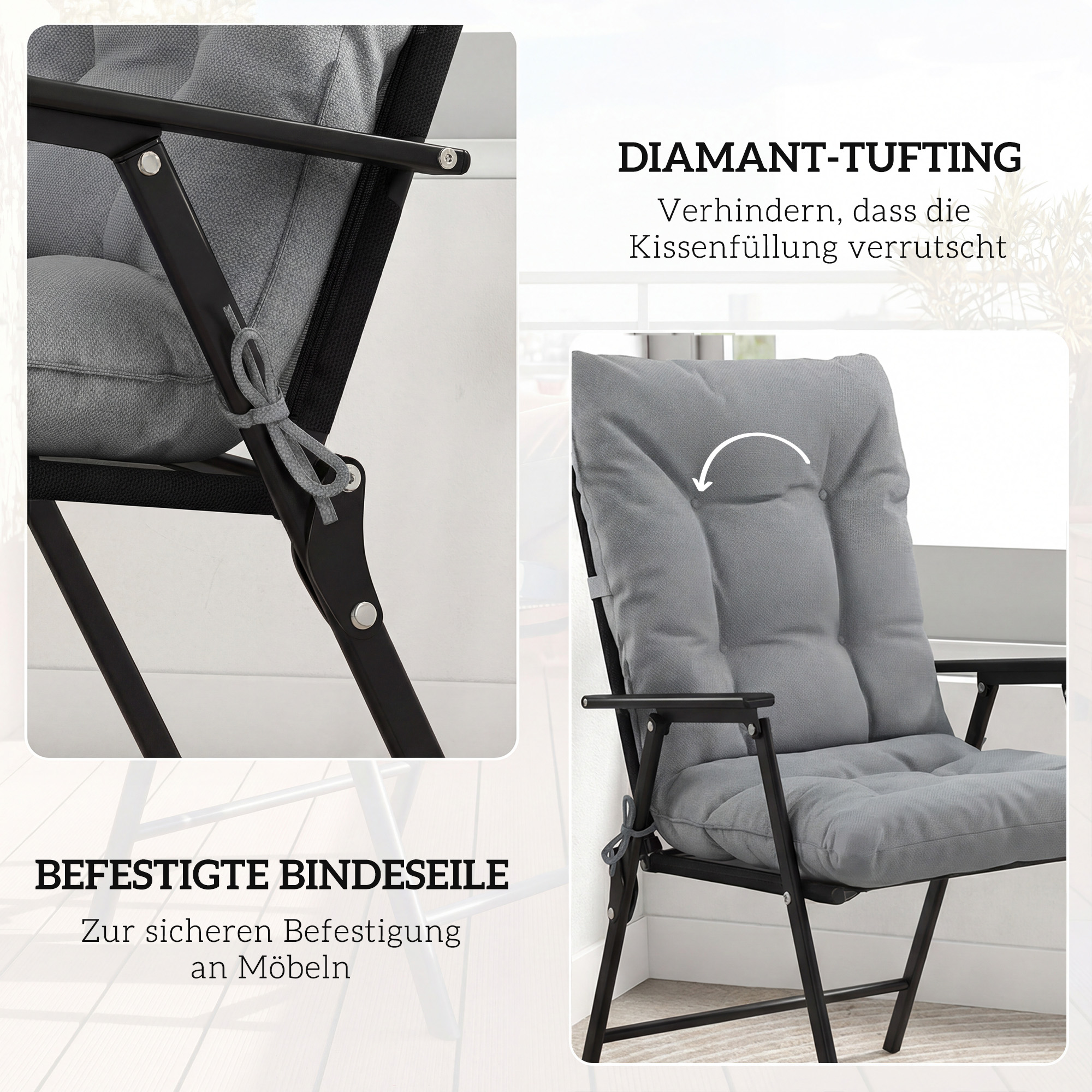 Outdoor-Sitzkissen mit Rückenlehne und Bändern, wasserabweisende Polster für drinnen und draußen, Hellgrau