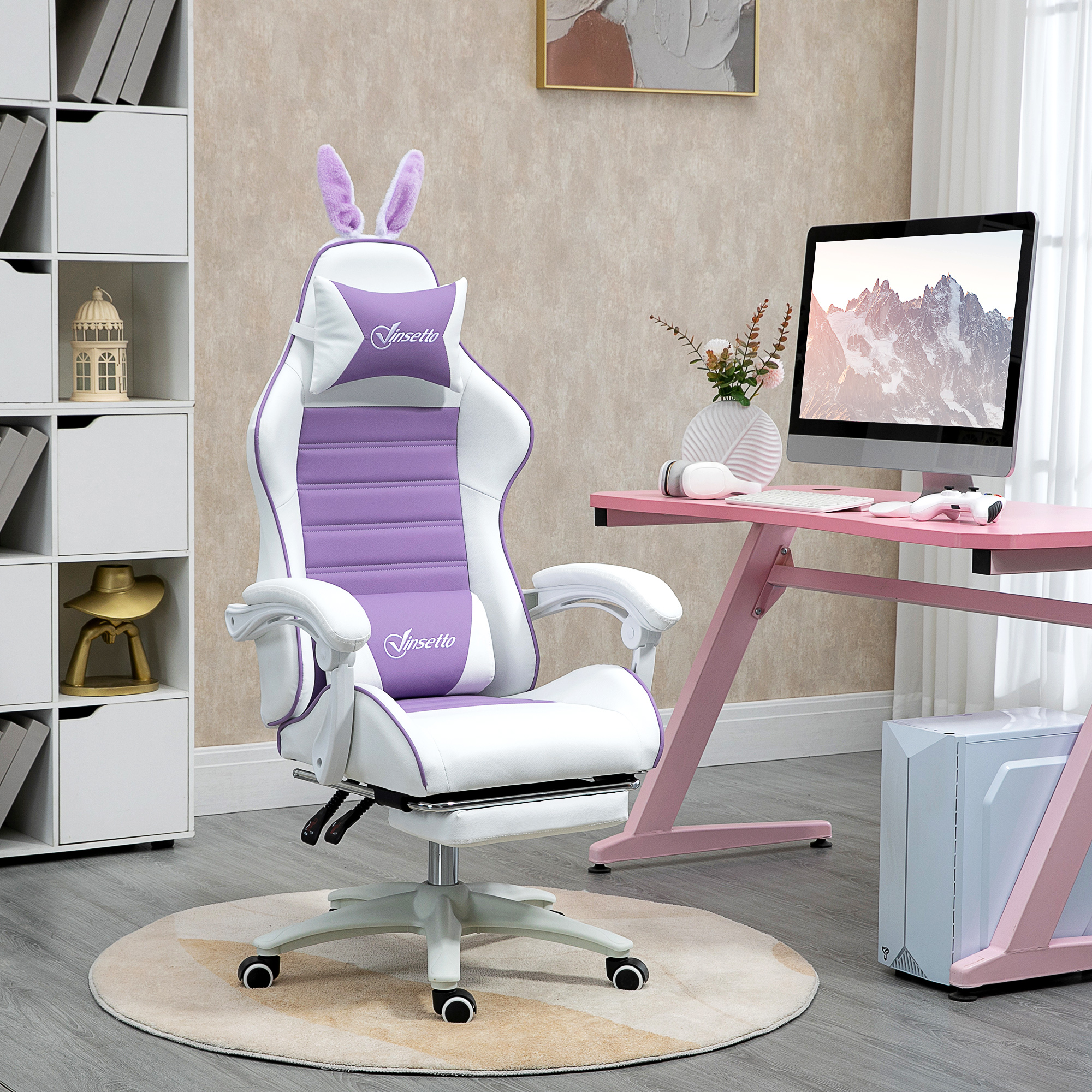 Gaming Stuhl Ergonomischer Gamer Stuhl mit Lendenwirbelstütze, Fußstütze Hasenohren Kopfkissen Violett
