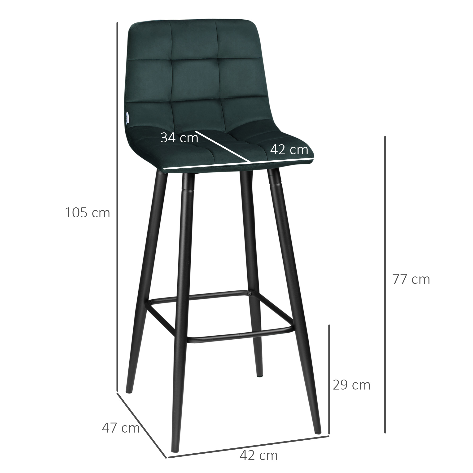 Barhocker 2er-Set, modernes Design, weicher Sitz, Stahlrahmen, 42 x 47 x 105 cm, Grün