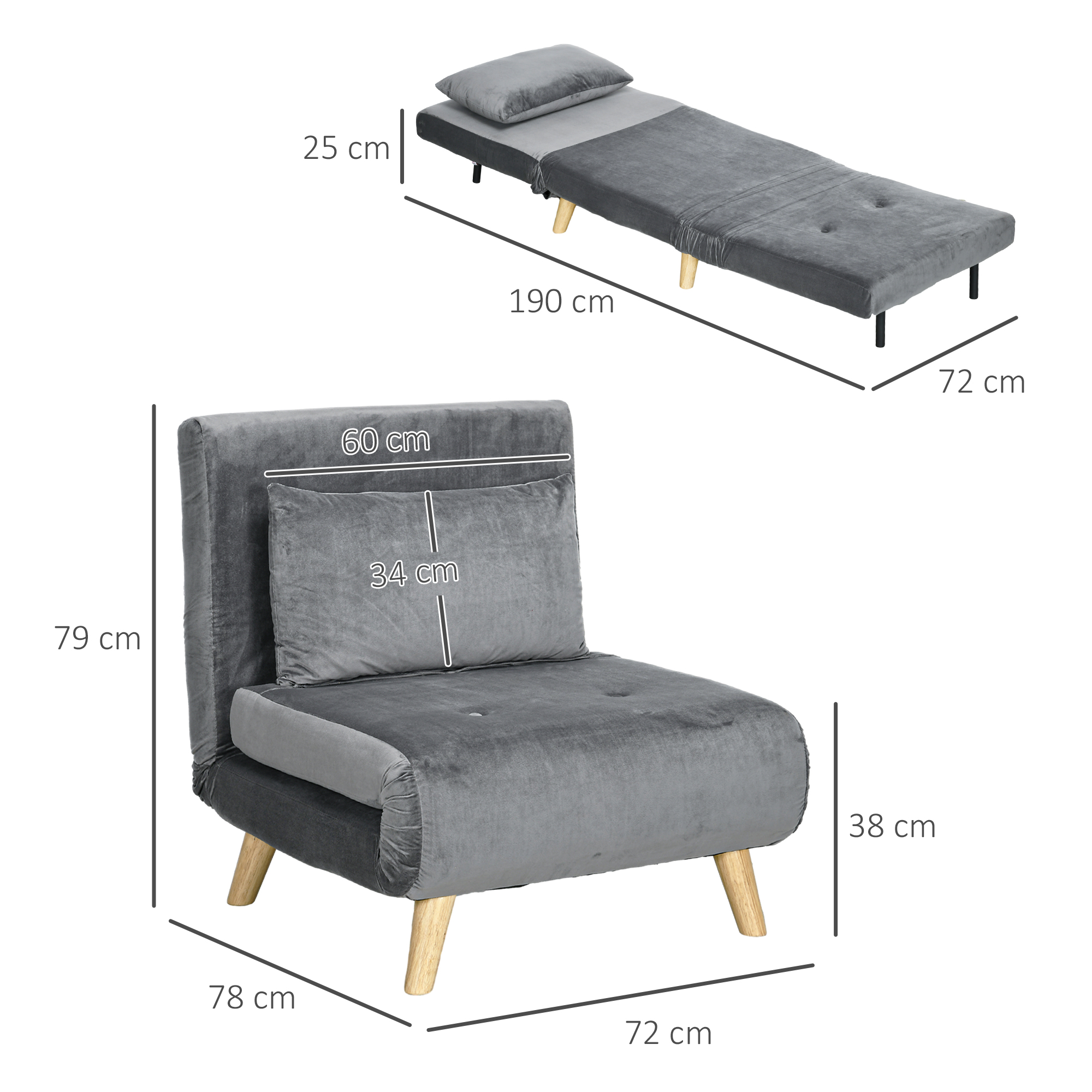 2-in-1 Sessel, Relaxsessel, Gästebett, 72 cm x 78 cm x 79 cm, Grau