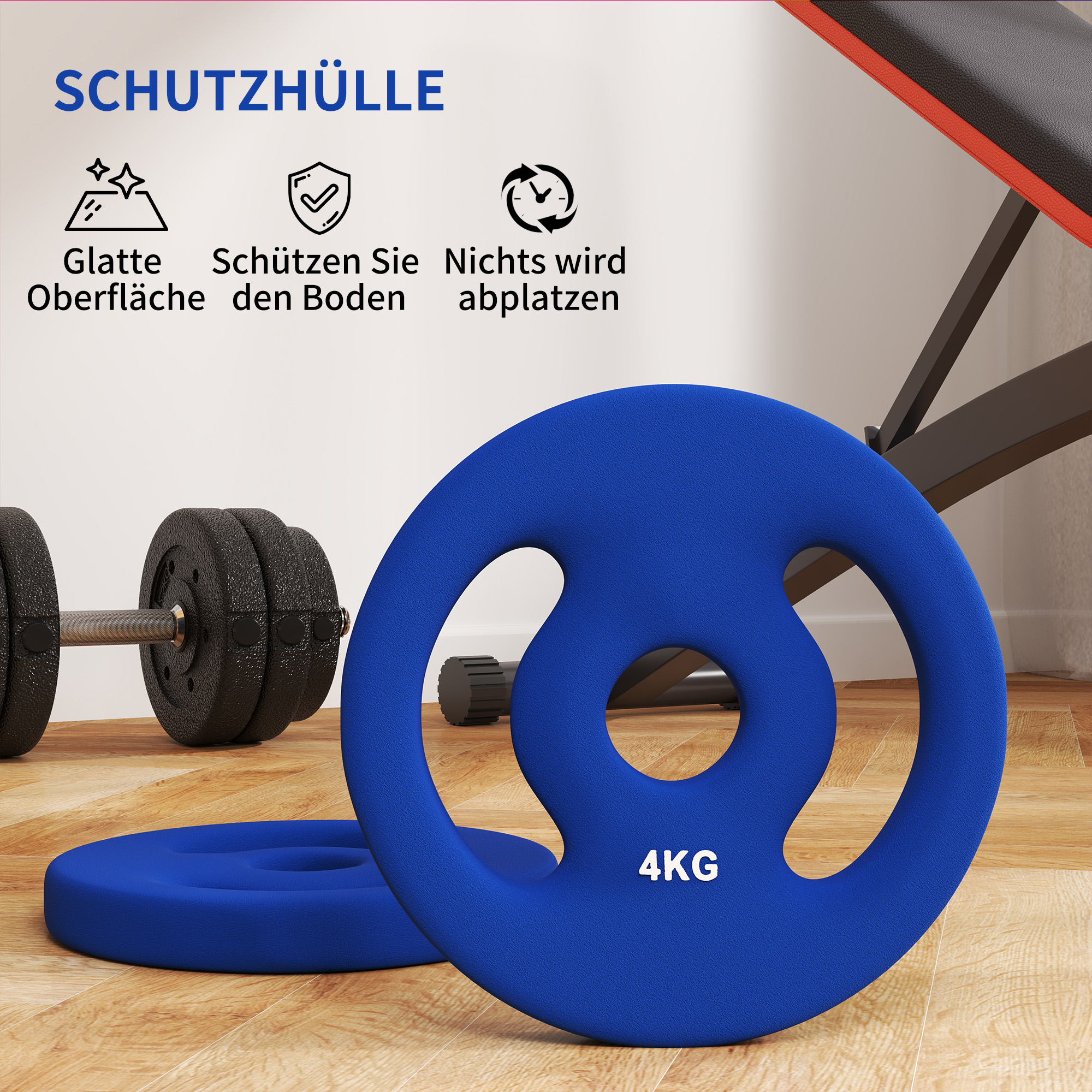 2 x 4 kg Gewichtsplatten mit praktischen Handgriffen, Gewichts-Set für Home-Gym, Fitnessstudio, Stärke-Training, Blau