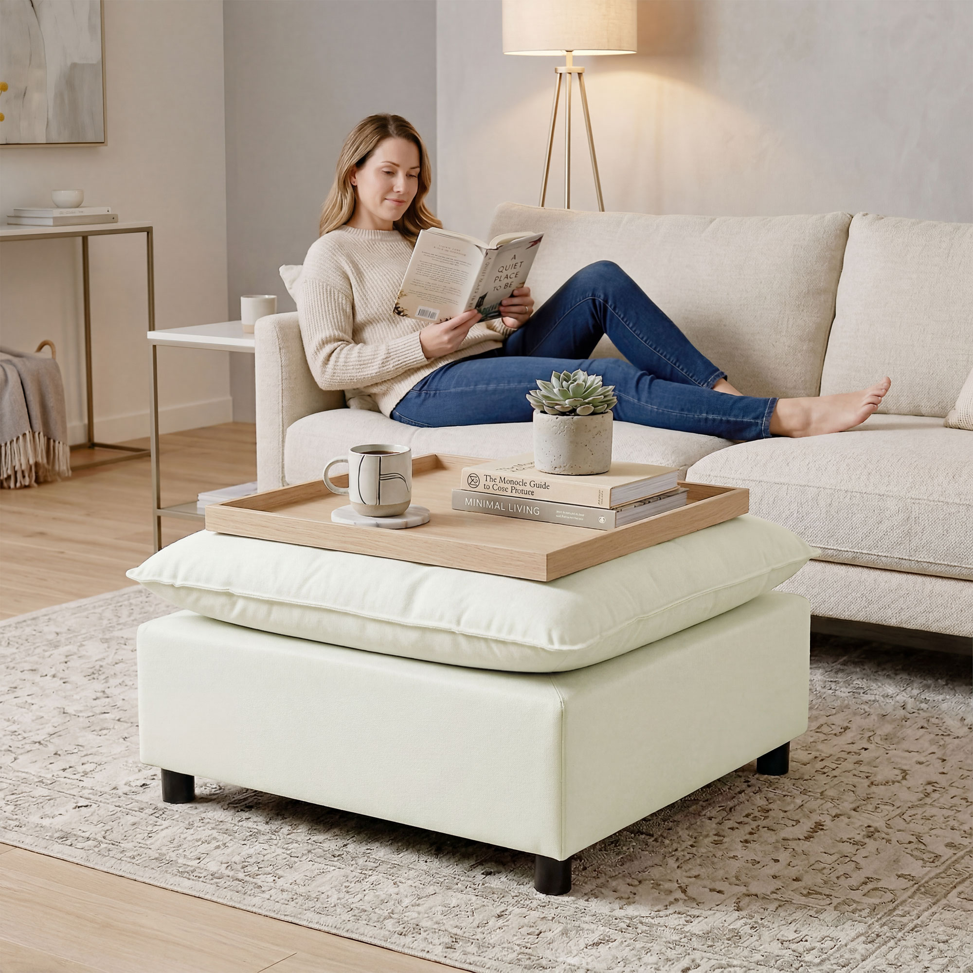 Fußhocker moderner Stoff-Ottomane mit Kunststoffbeinen für Wohnzimmer und Schlafzimmer, 75 cm, Cremeweiß