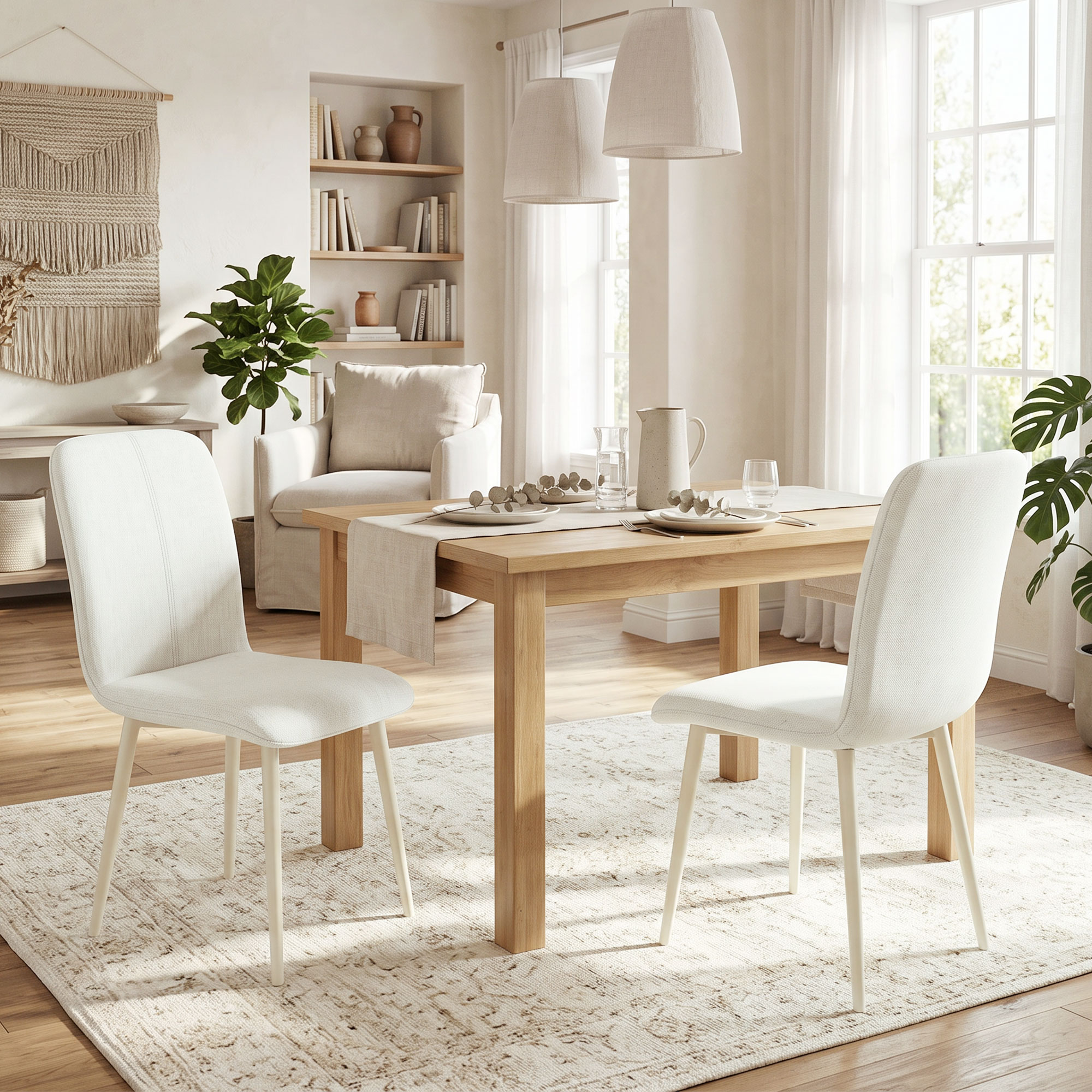 Esszimmerstühle 2er-Set, gepolsterte Küchenstühle in Leinenoptik mit leichten Beinen, Creme