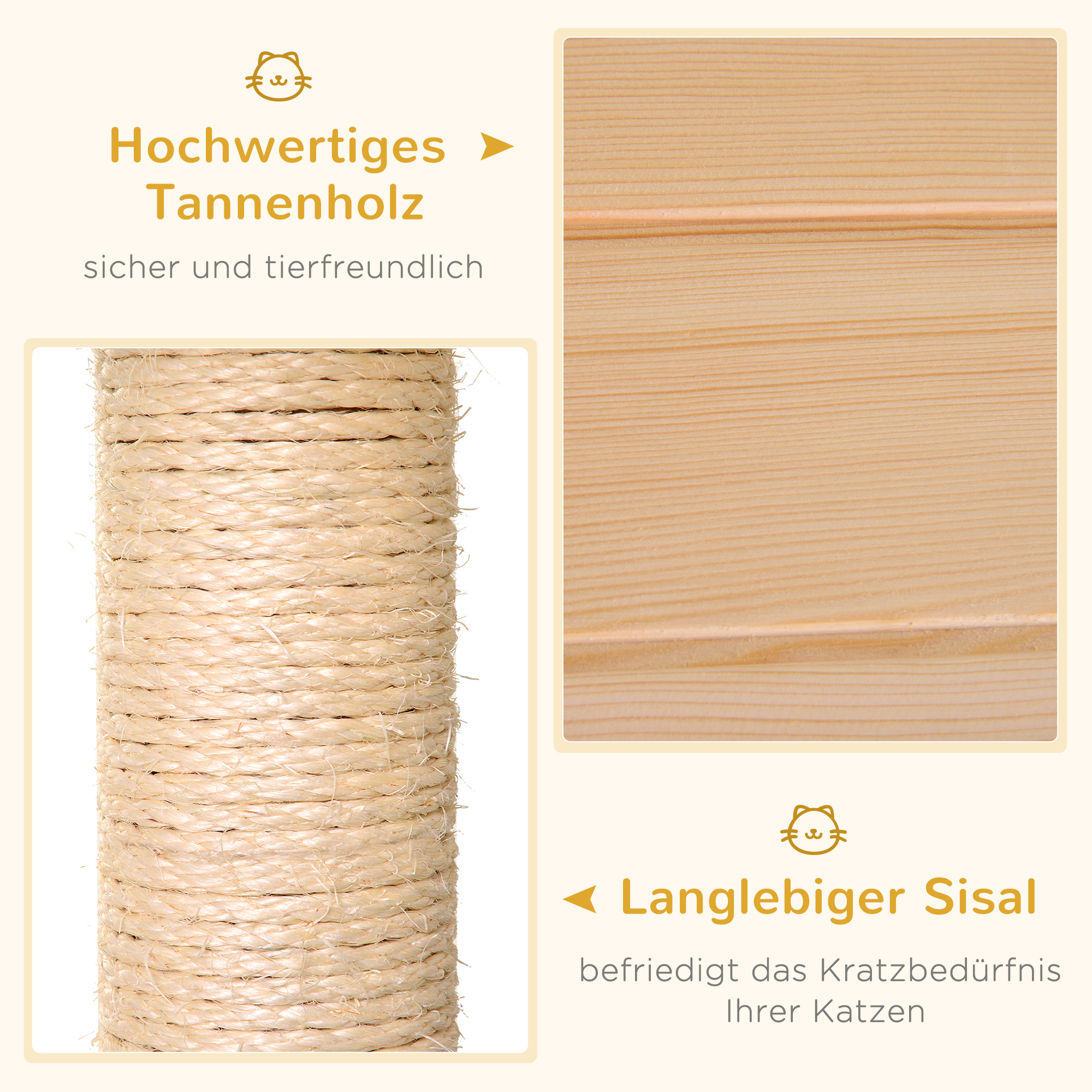 Katzenhaus mit Hängematte, Katzenkiste mit Sisalstamm, Katzenhöhle, Katzenbaum, Katzenaktivitätszentrum, Tannenholz, Natur, 70 x 35 x 60 cm