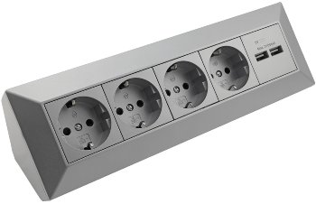 4-fach Steckdosenblock + 2x USB, silber / 250V~/ 16A, Aufbaumontage, USB 3,1A