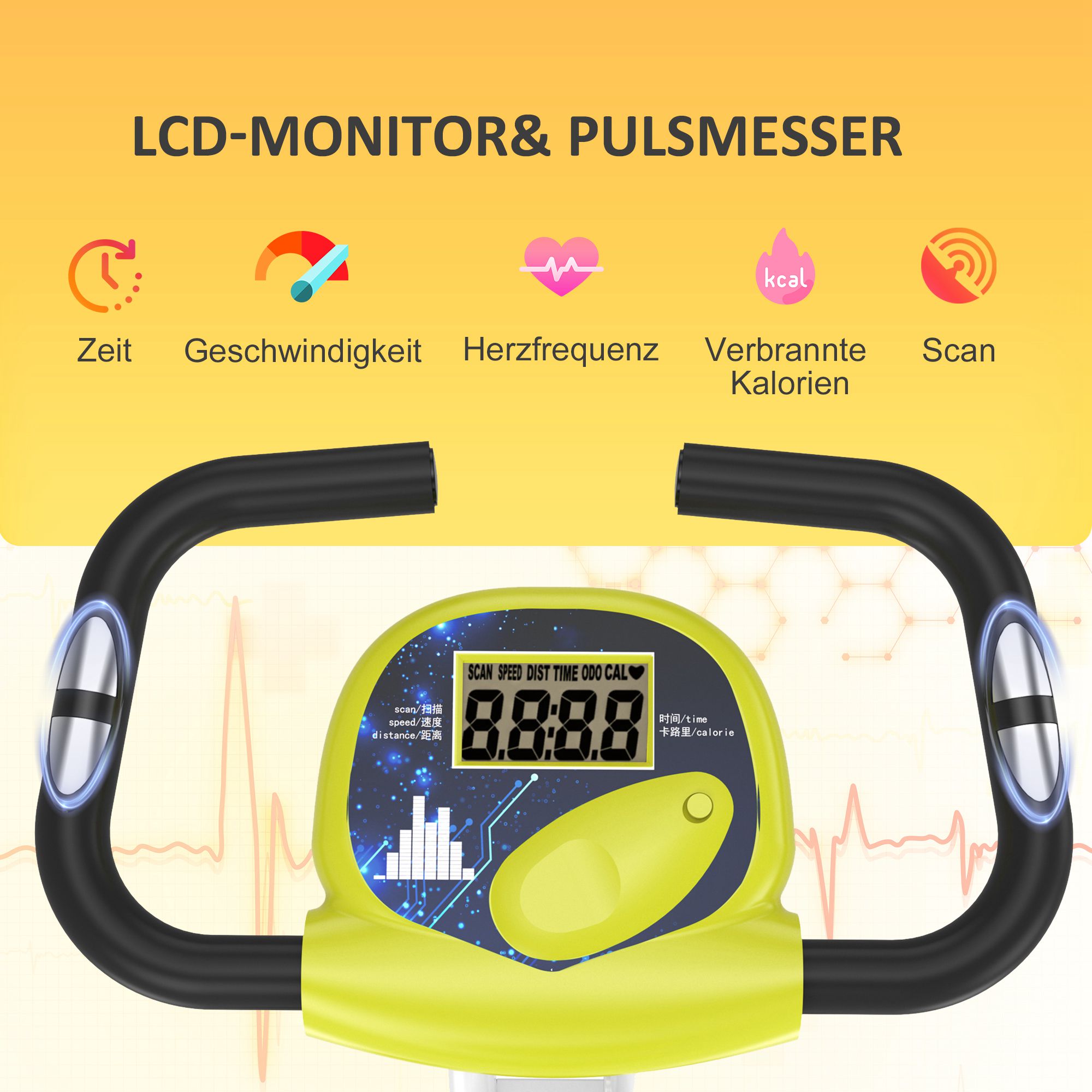 Heimtrainer Fahrradtrainer klappbar Magnetisch Hometrainer Fahrrad mit LCD Monitor, 8 stufig einstellbarem Magnetwiderstand, Platzsparend Fitnessbikes für Zuhause Gelb+Weiß