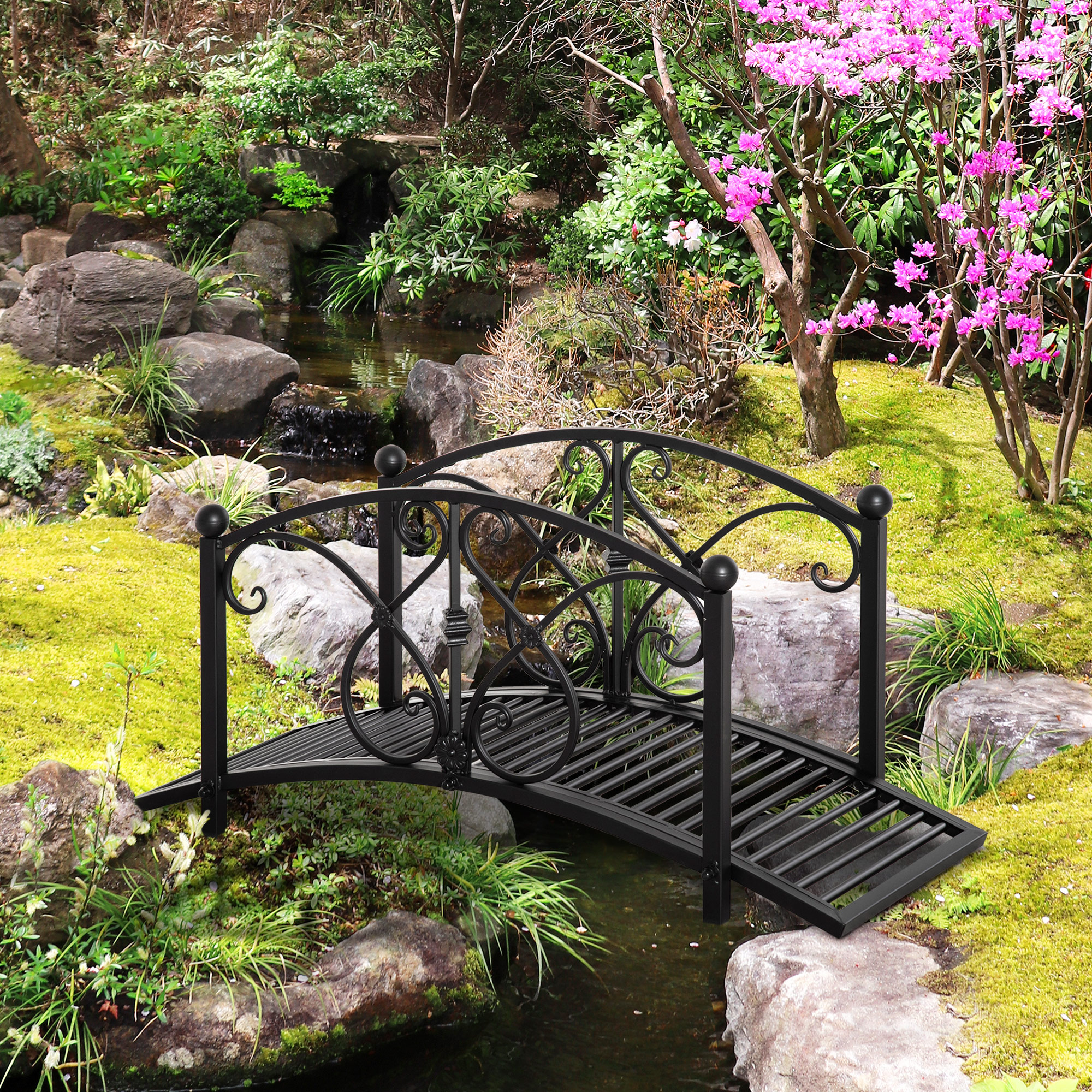 Gartenbrücke, Teichbrücke mit Sicherheitsgeländer, Zierbrücke bis 100 kg belastbar, 102 x 48 x 49 cm Schwarz