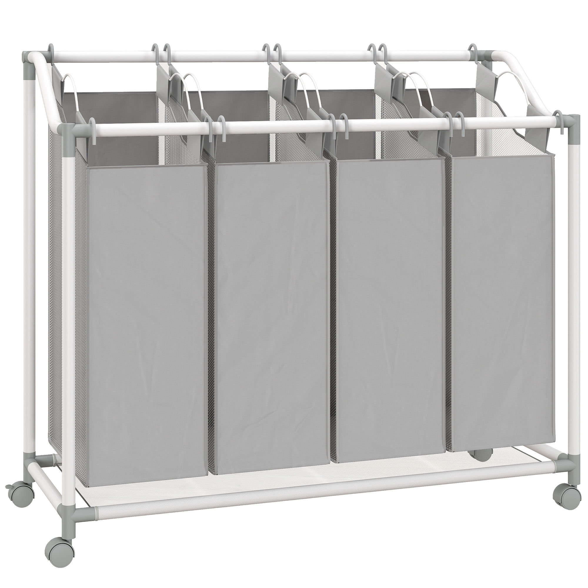Wäschekorb mit 4 Fächer 160 L Wäschesammler mit Rädern, herausnehmbarer Wäschesack, 97 x 38 x 81 cm, Grau