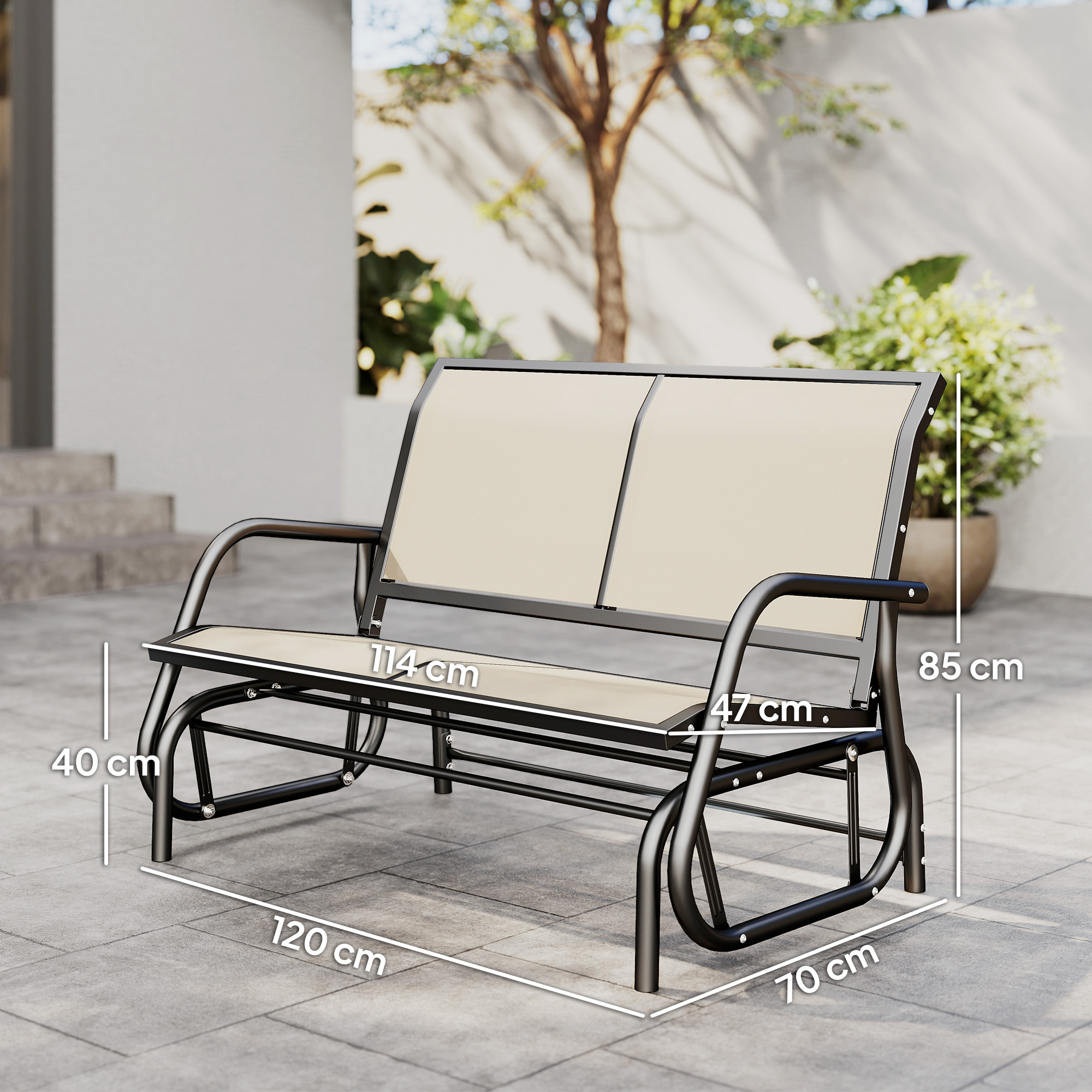 2-Sitzer Schaukelstuhl Gartenbank mit Schaukelmechanismus Gartenschaukel Sitzbank aus Metall Parkbank bis 200 kg belastbar Gartenmöbel für Garten, Terrasse, 120 x 70 x 85 cm Schwarz+Beige