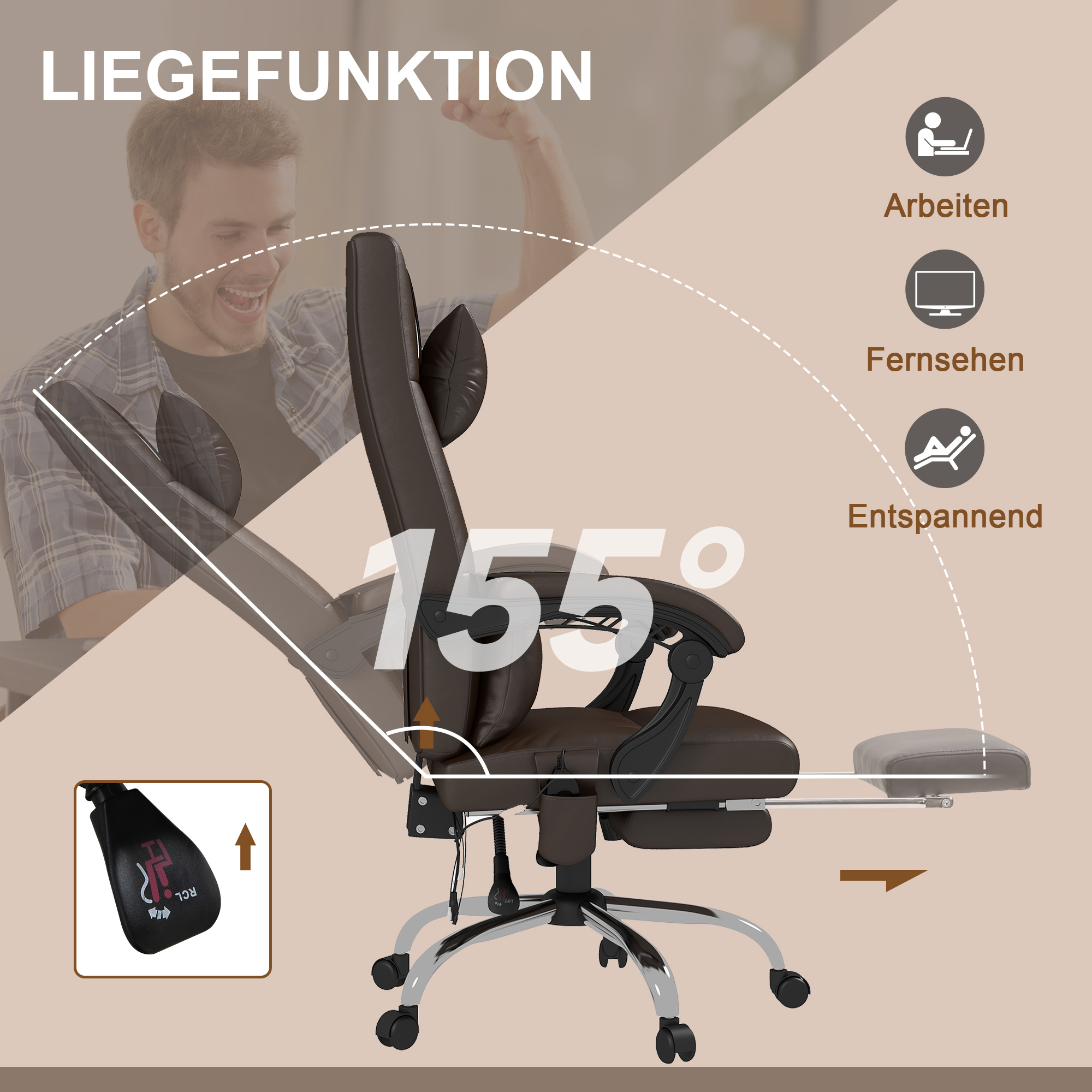 Bürostuhl mit Massagefunktion, Ergonomischer Schreibtischstuhl mit Liegefunktion, Kopfkissen, höhenverstellbar, Braun