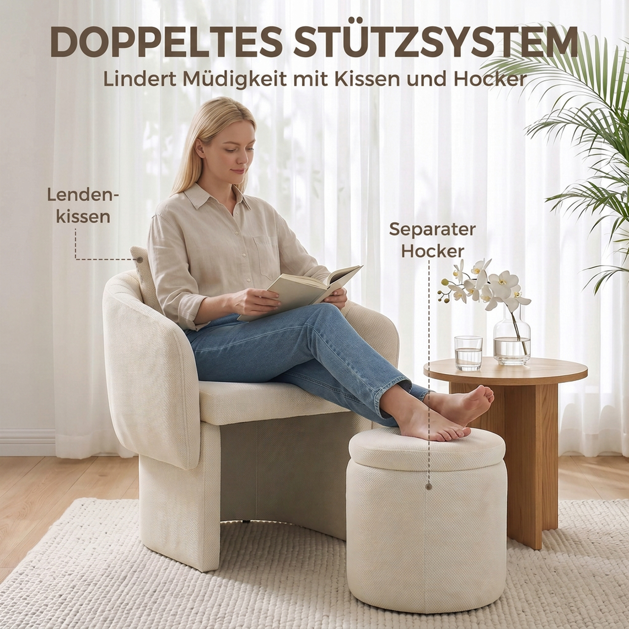 Relaxsessel mit Hocker Loungesessel mit Geschwungene Rückenlehne, Armlehnen, Nordischer Chenille Gepolstert Beige