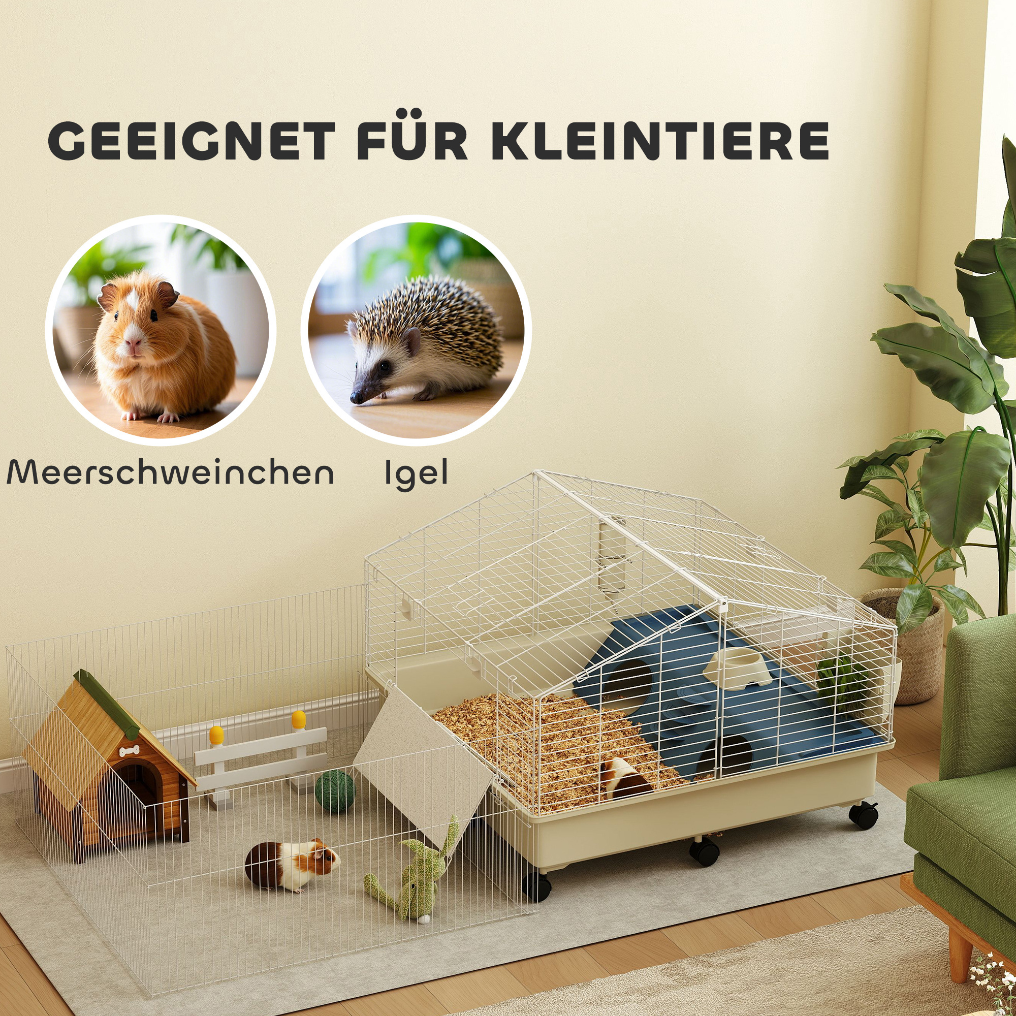 Kleintierkäfig, Balkon, Rampe, Futtertrog, Wasserflasche, 2-Ebenen-Design, Weiß