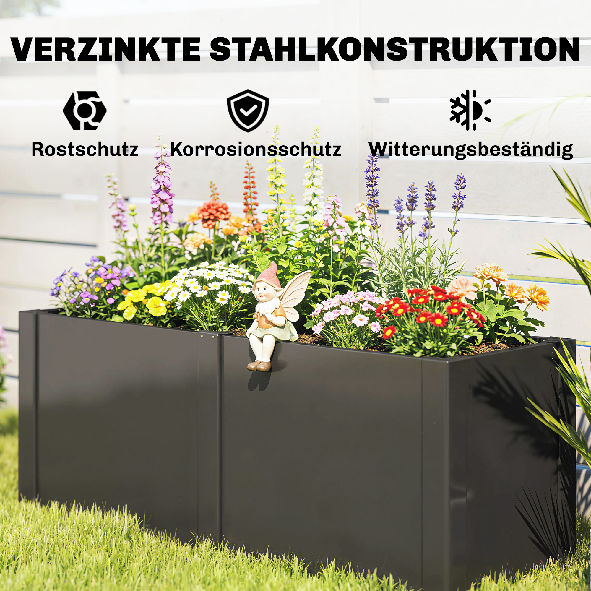 Hochbeet aus galvanisiertem Stahl, 150 x 53 x 55 cm, Outdoor-Pflanzkasten mit Trennwand, Schwarz