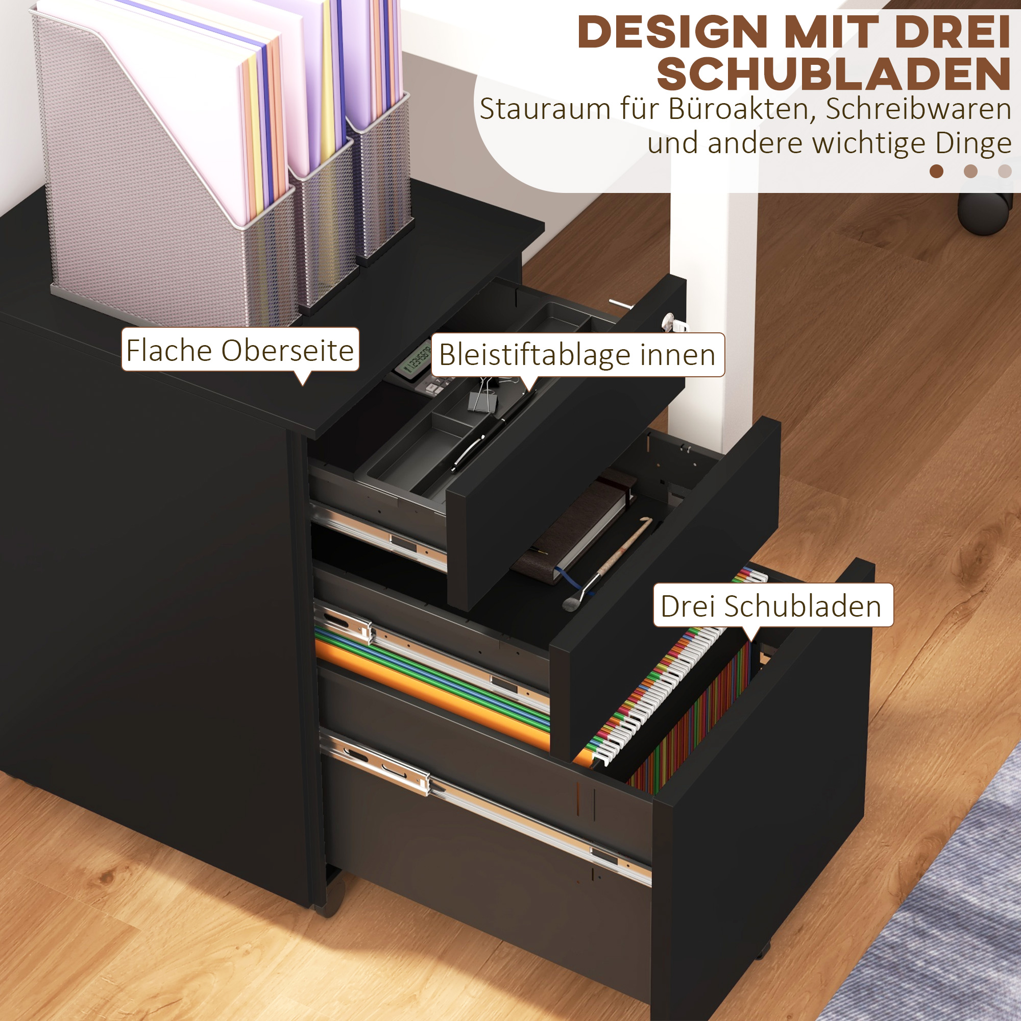 Rollcontainer Aktenschrank, 3 Schubladen, abschließbar, rollbar, 37 cm x 43,5 cm x 60 cm, Schwarz