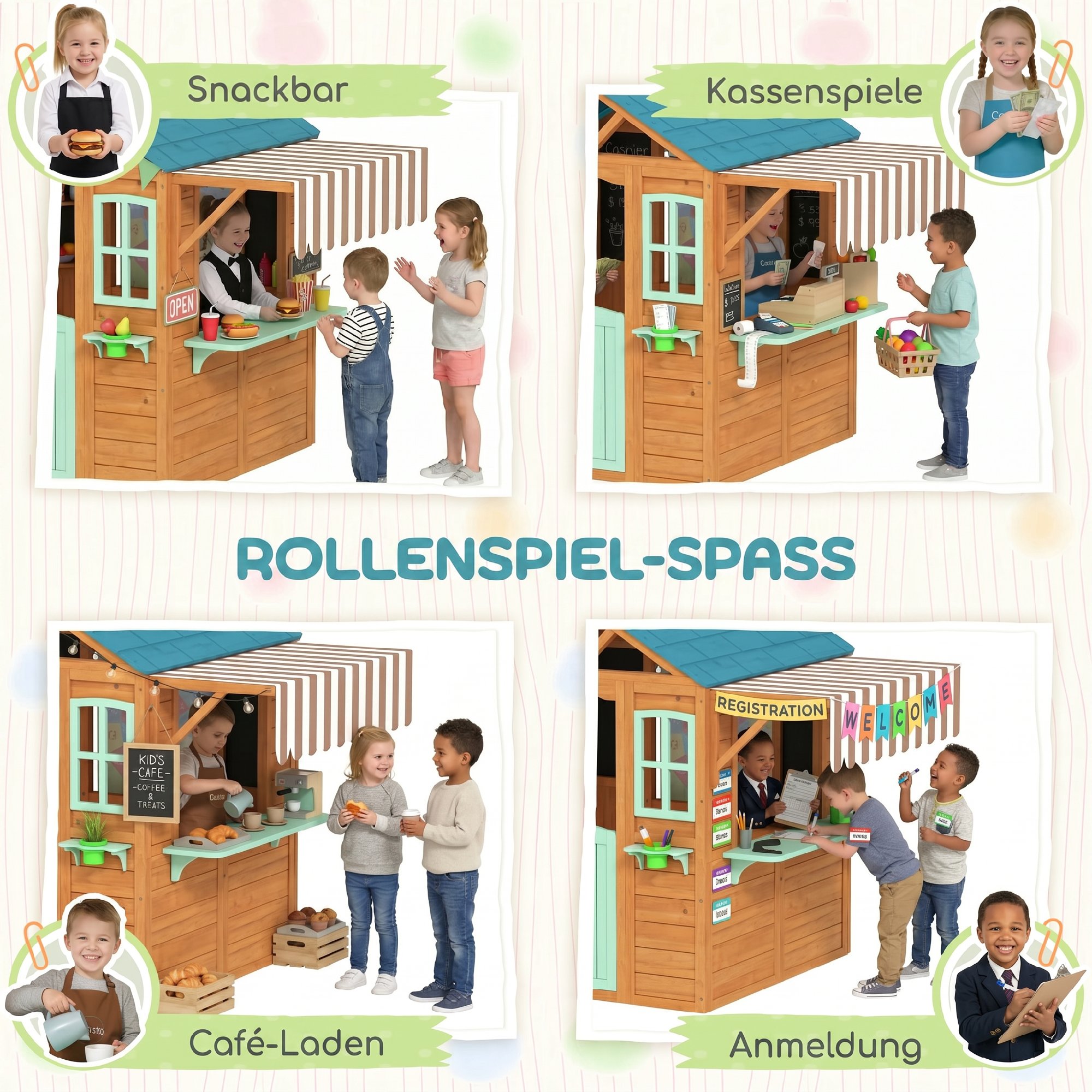 Outdoor Kinderspielhaus mit Verkaufstheke Pflanzenkasten Kreidetafel Zieltuch 4 Ball 142 x 120 x 141,5 cm Mehrfarbig